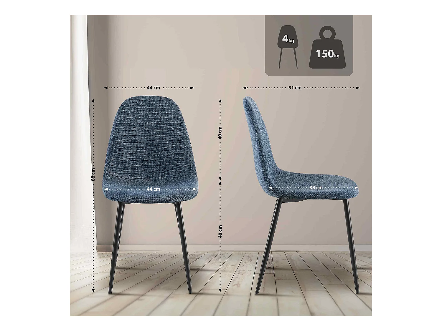 Lot de 4  chaise salle à manger - Tissu - Bleu foncé - Napier