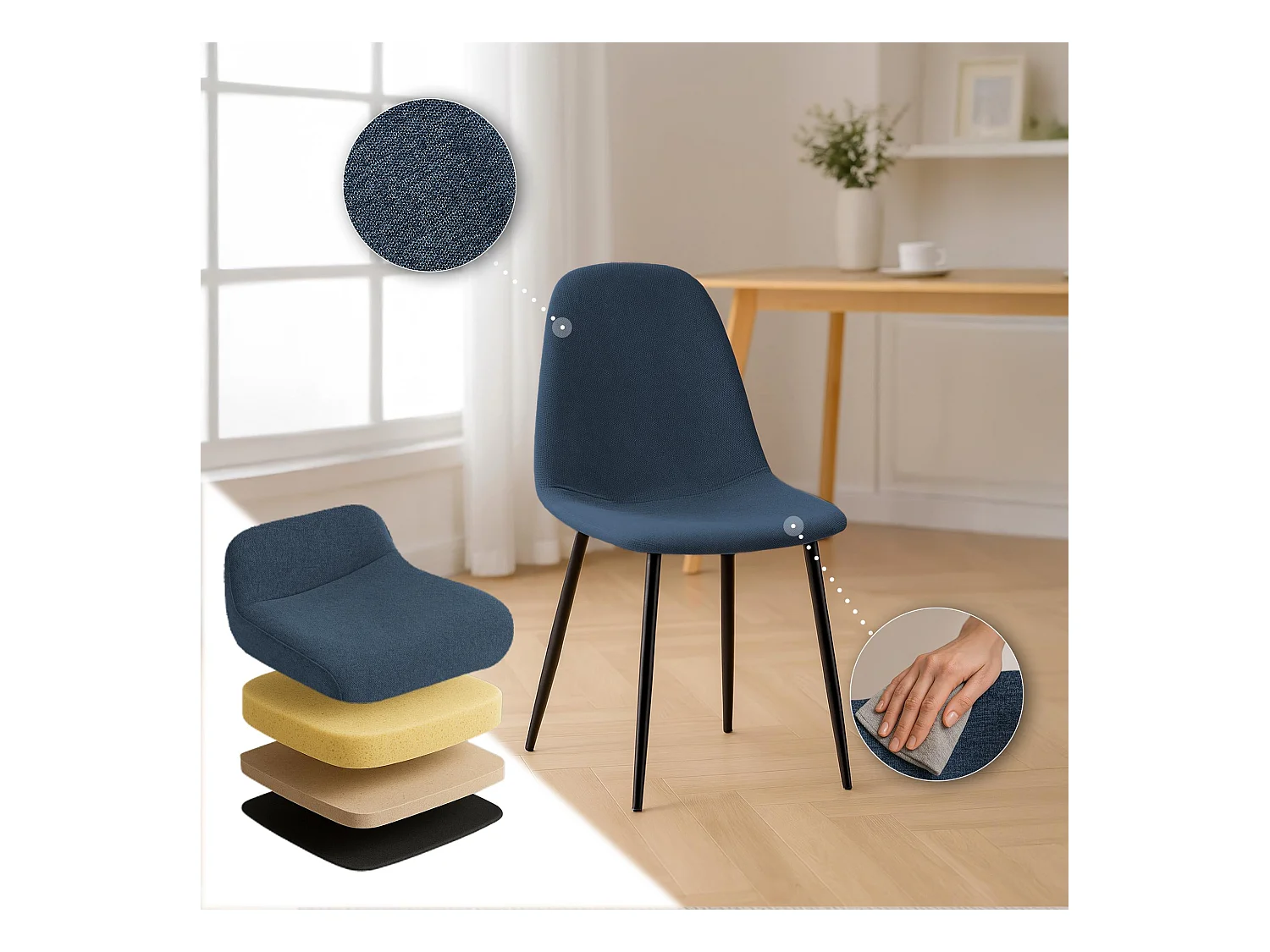 Lot de 4  chaise salle à manger - Tissu - Bleu foncé - Napier