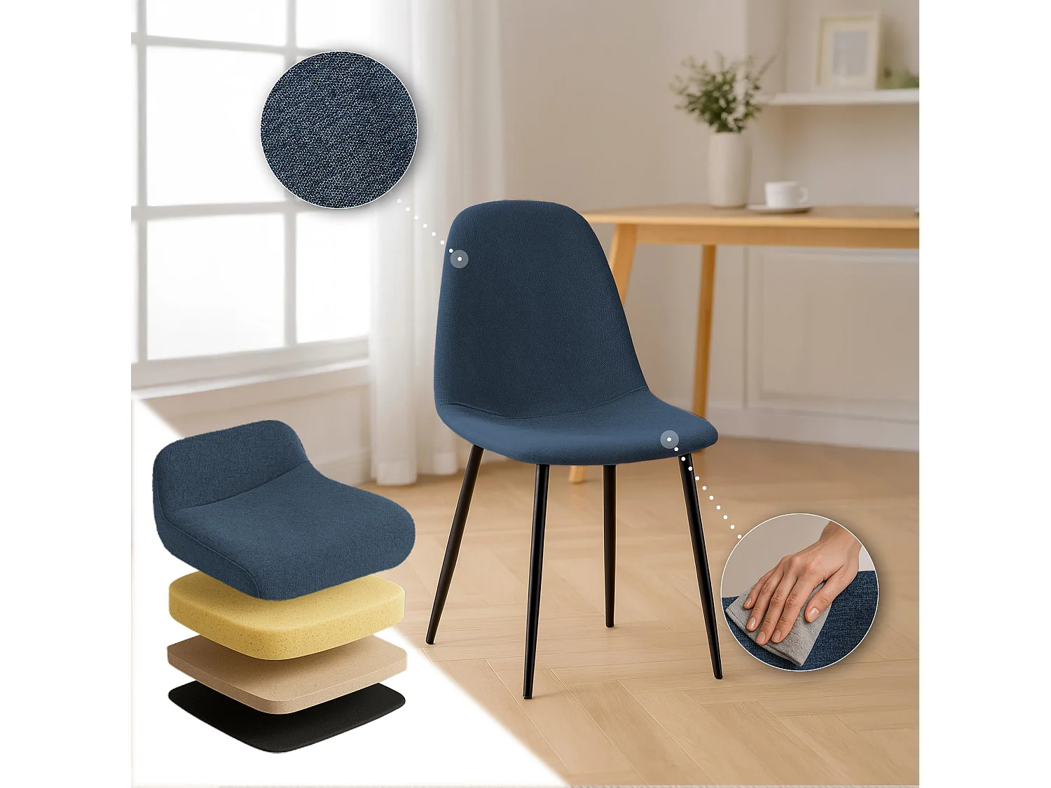 Lot de 4  chaise salle à manger - Tissu - Bleu foncé - Napier