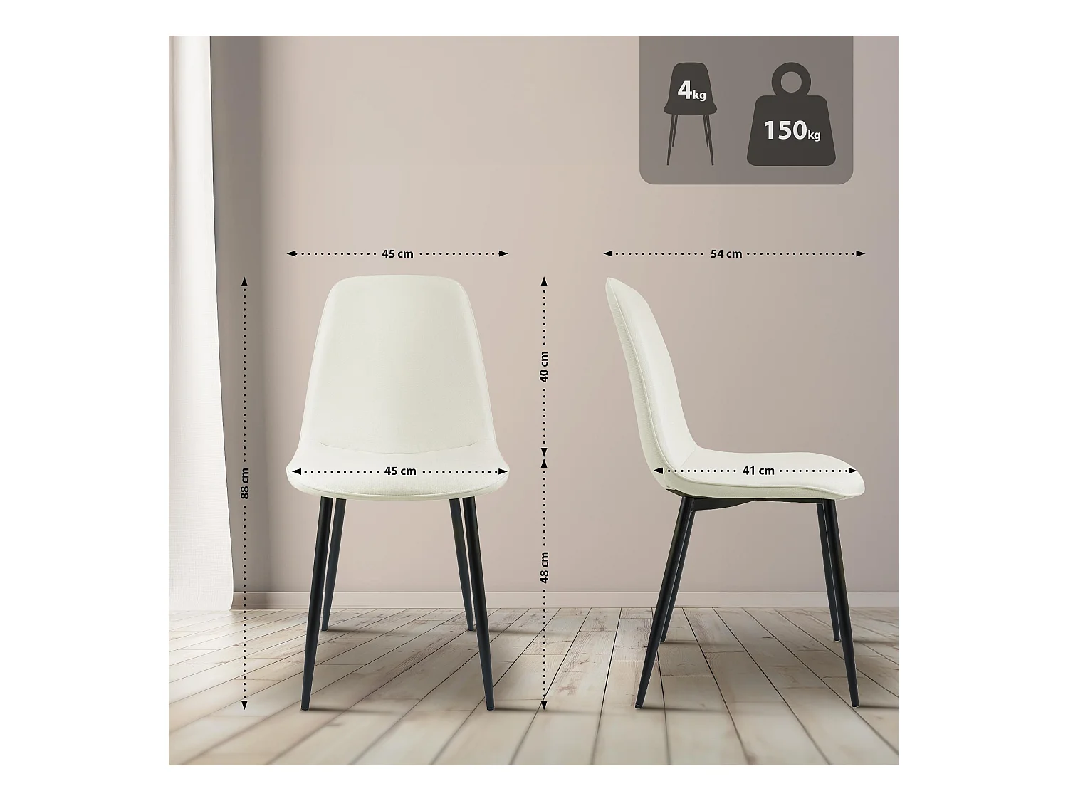 Lot de 4  chaise salle à manger - Tissu - Crème - Maryam