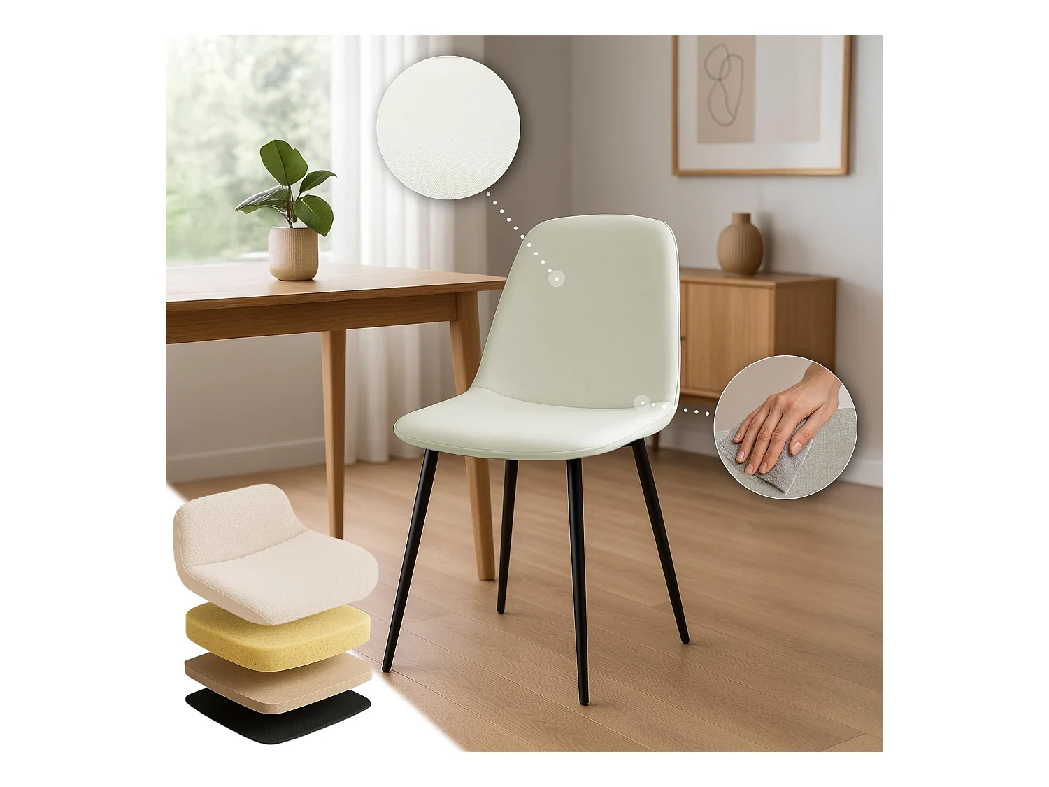Lot de 4  chaise salle à manger - Tissu - Crème - Maryam