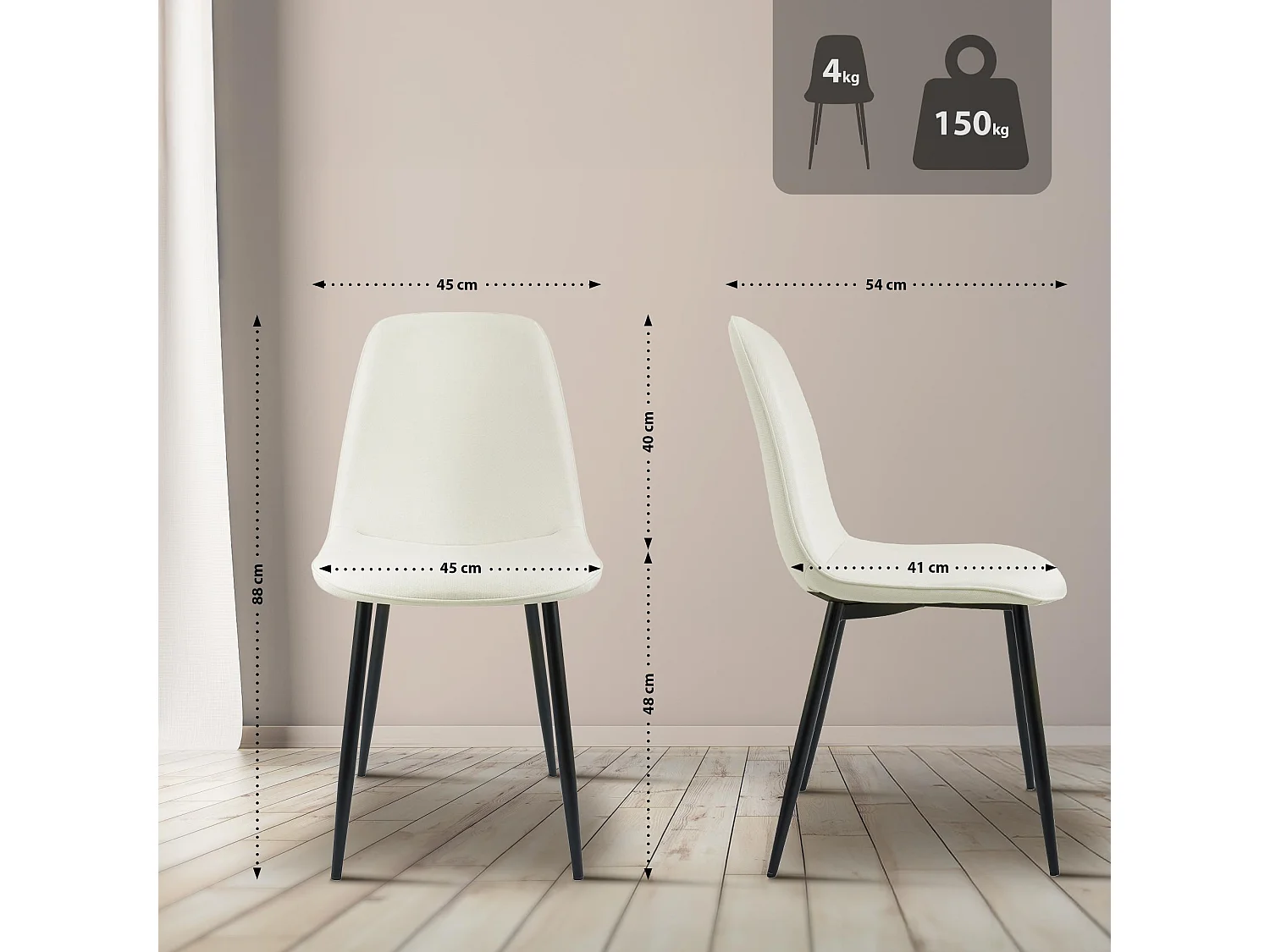 Lot de 4  chaise salle à manger - Tissu - Crème - Maryam