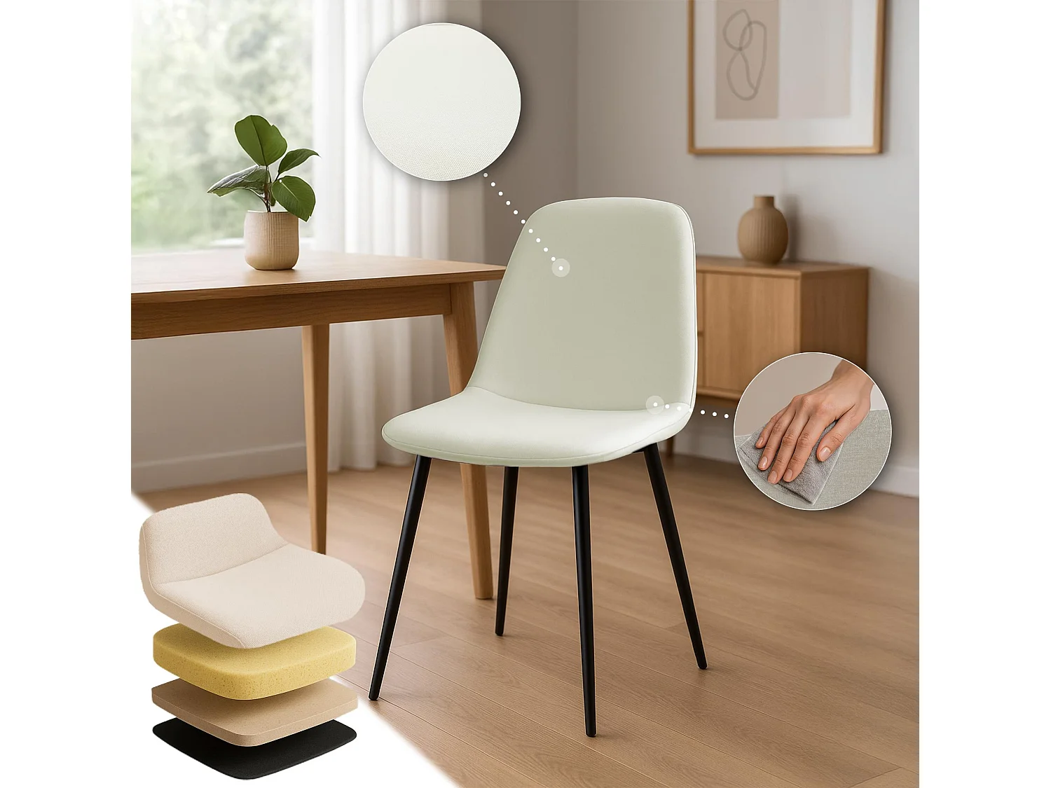 Lot de 4  chaise salle à manger - Tissu - Crème - Maryam