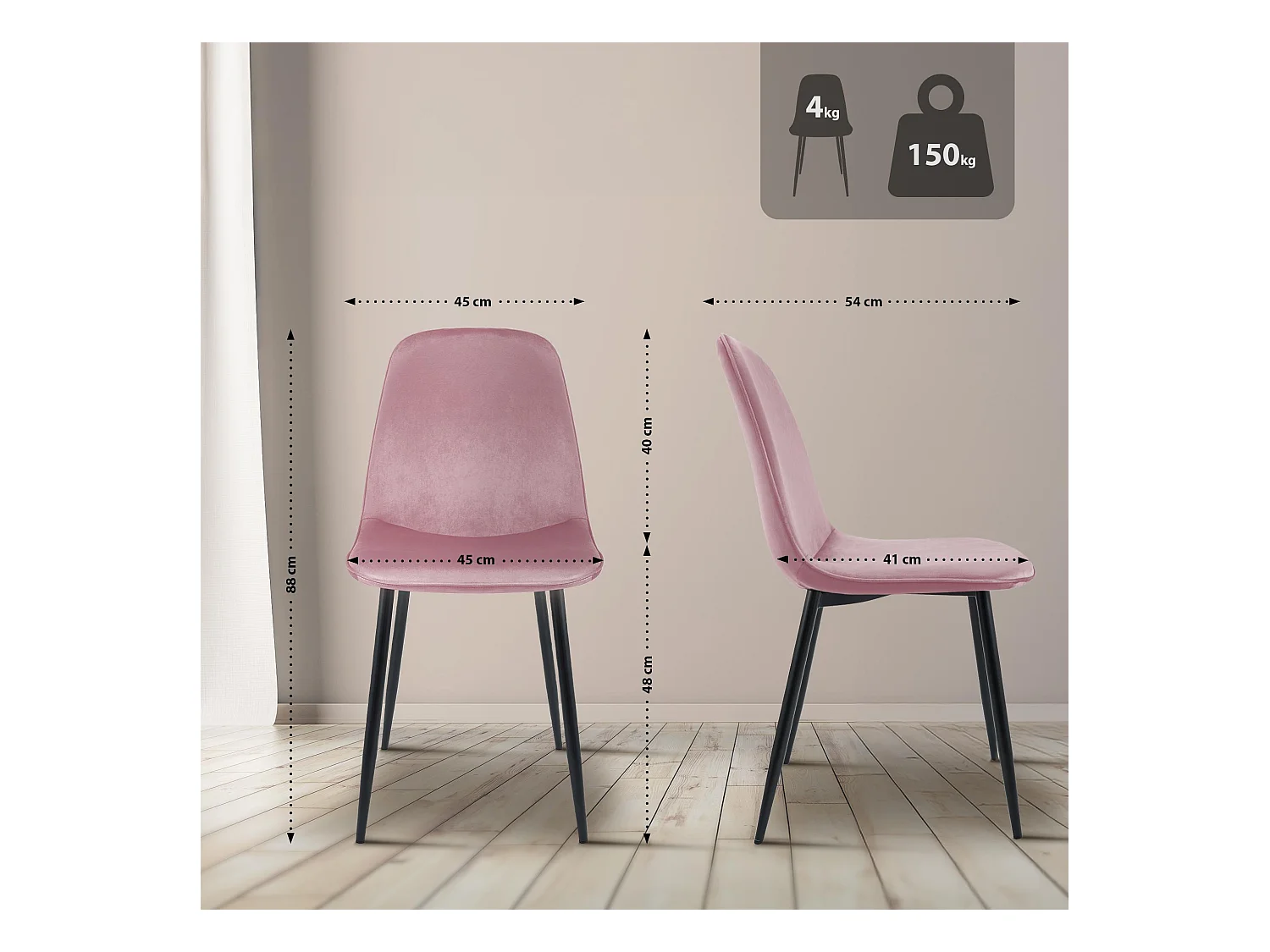 Lot de 4  chaise salle à manger - Velours - Rose - Maryam