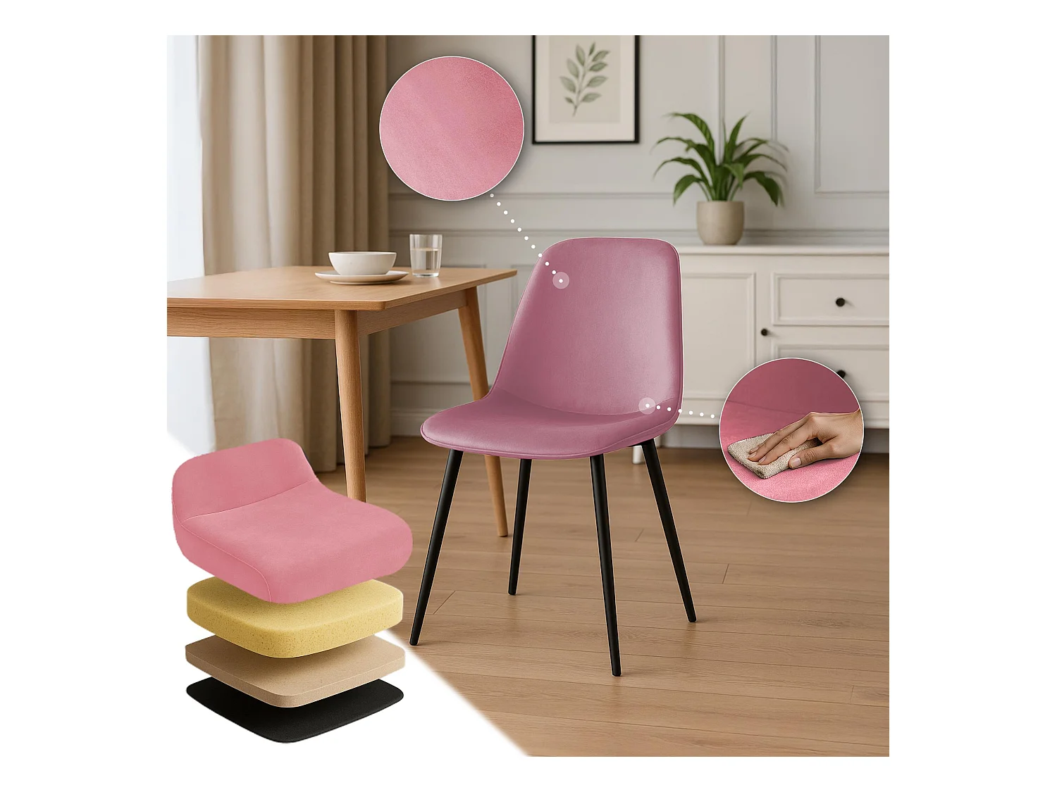 Lot de 4  chaise salle à manger - Velours - Rose - Maryam