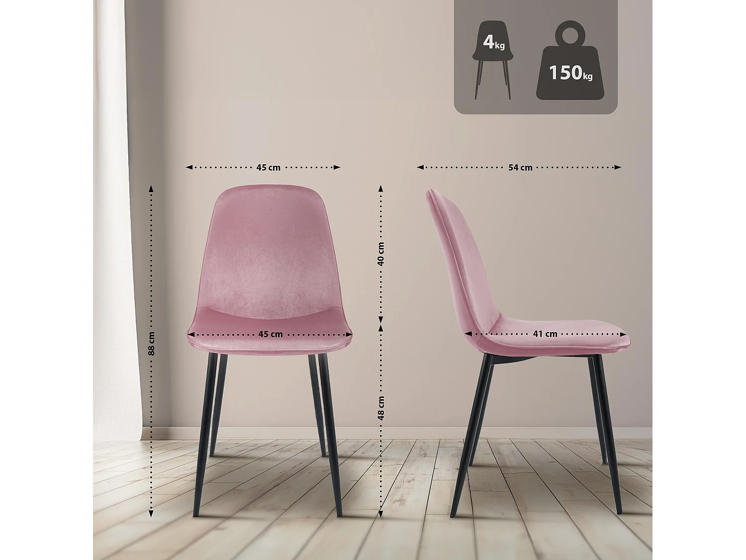 Lot de 4  chaise salle à manger - Velours - Rose - Maryam