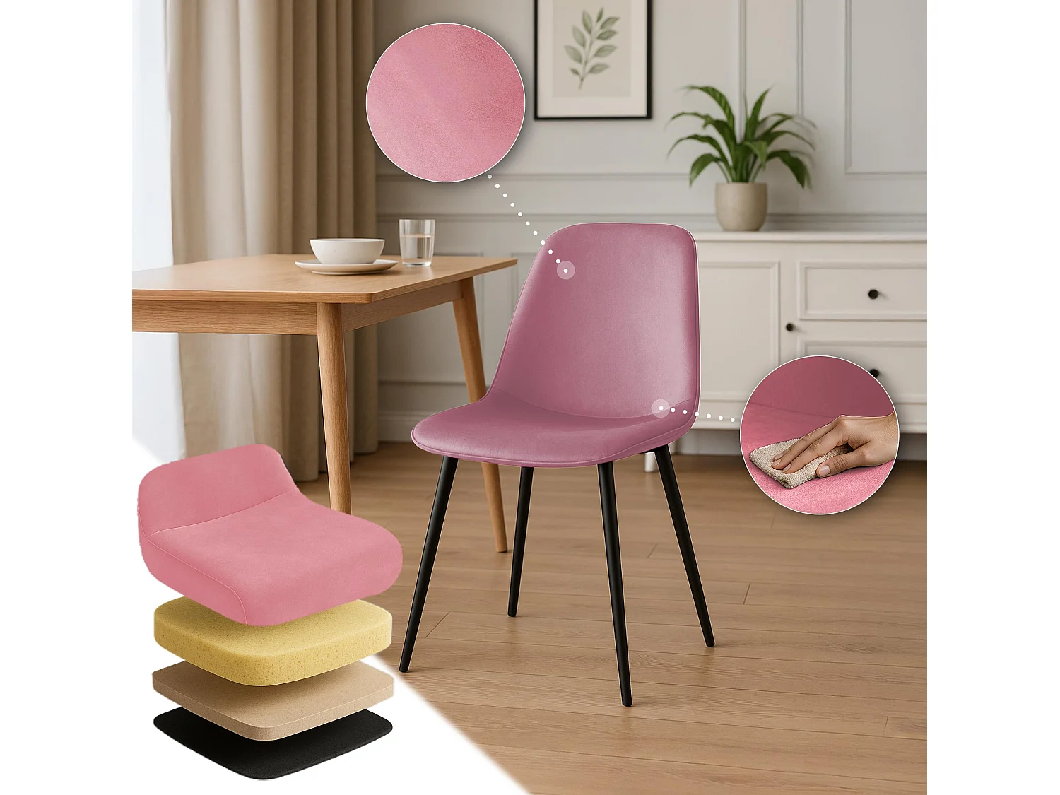 Lot de 4  chaise salle à manger - Velours - Rose - Maryam