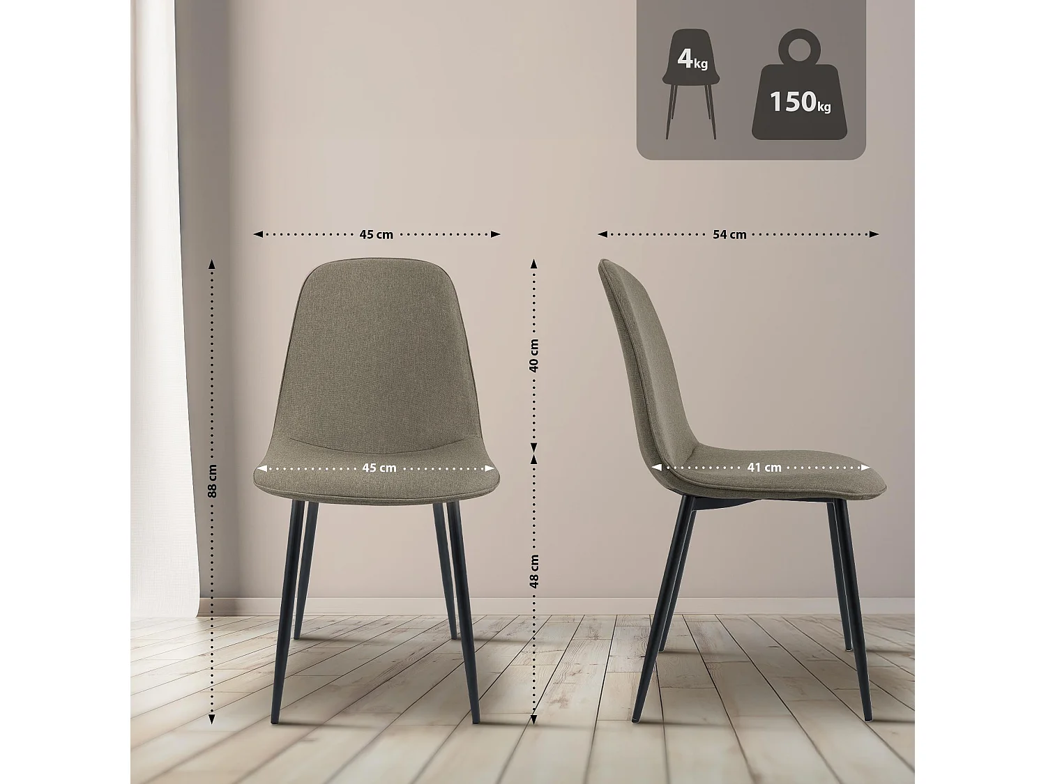 Lot de 4  chaise salle à manger - Tissu - Taupe - Maryam