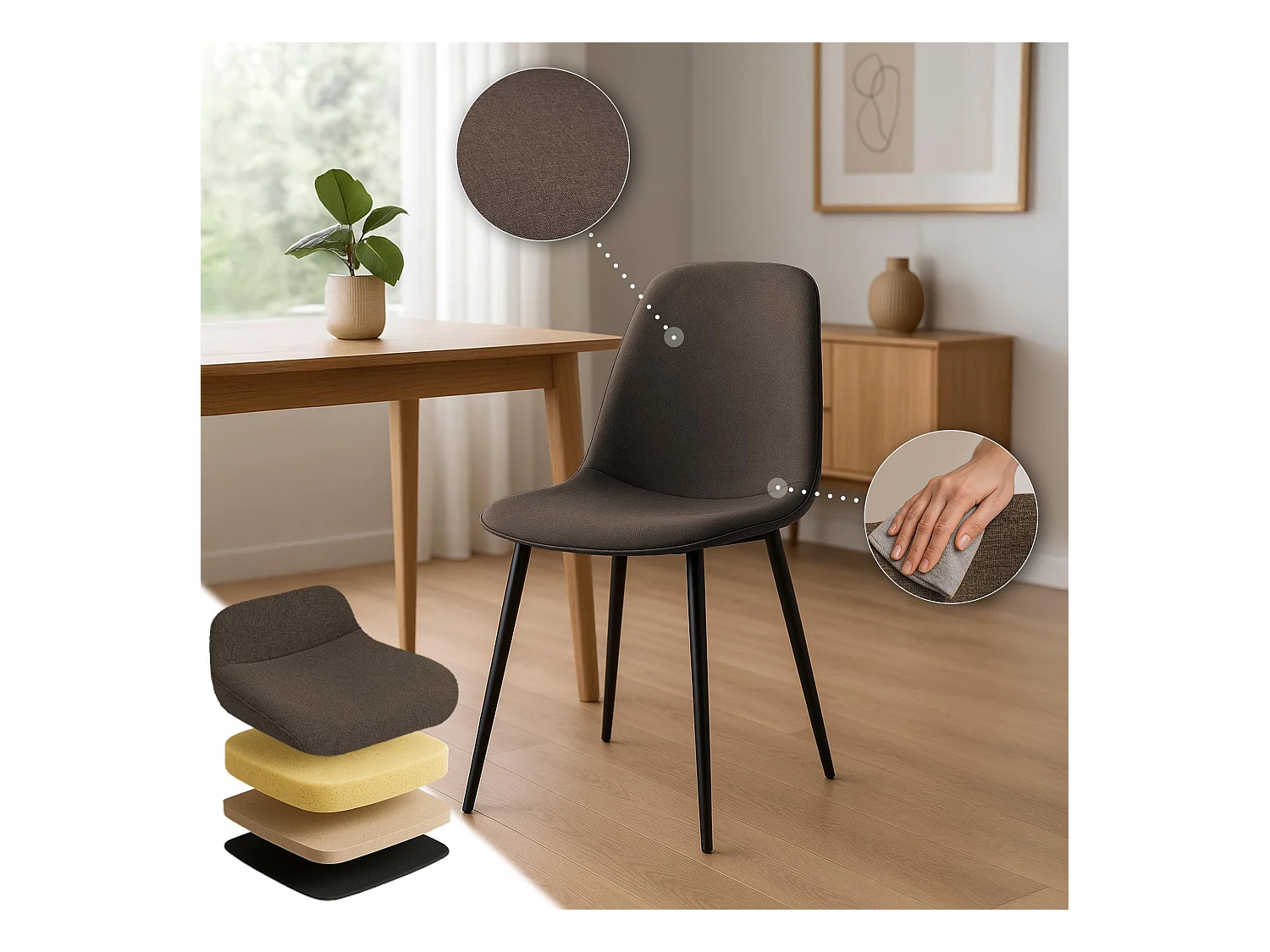 Lot de 4  chaise salle à manger - Tissu - Marron - Maryam