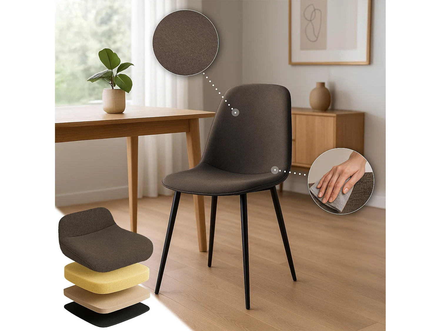 Lot de 4  chaise salle à manger - Tissu - Marron - Maryam