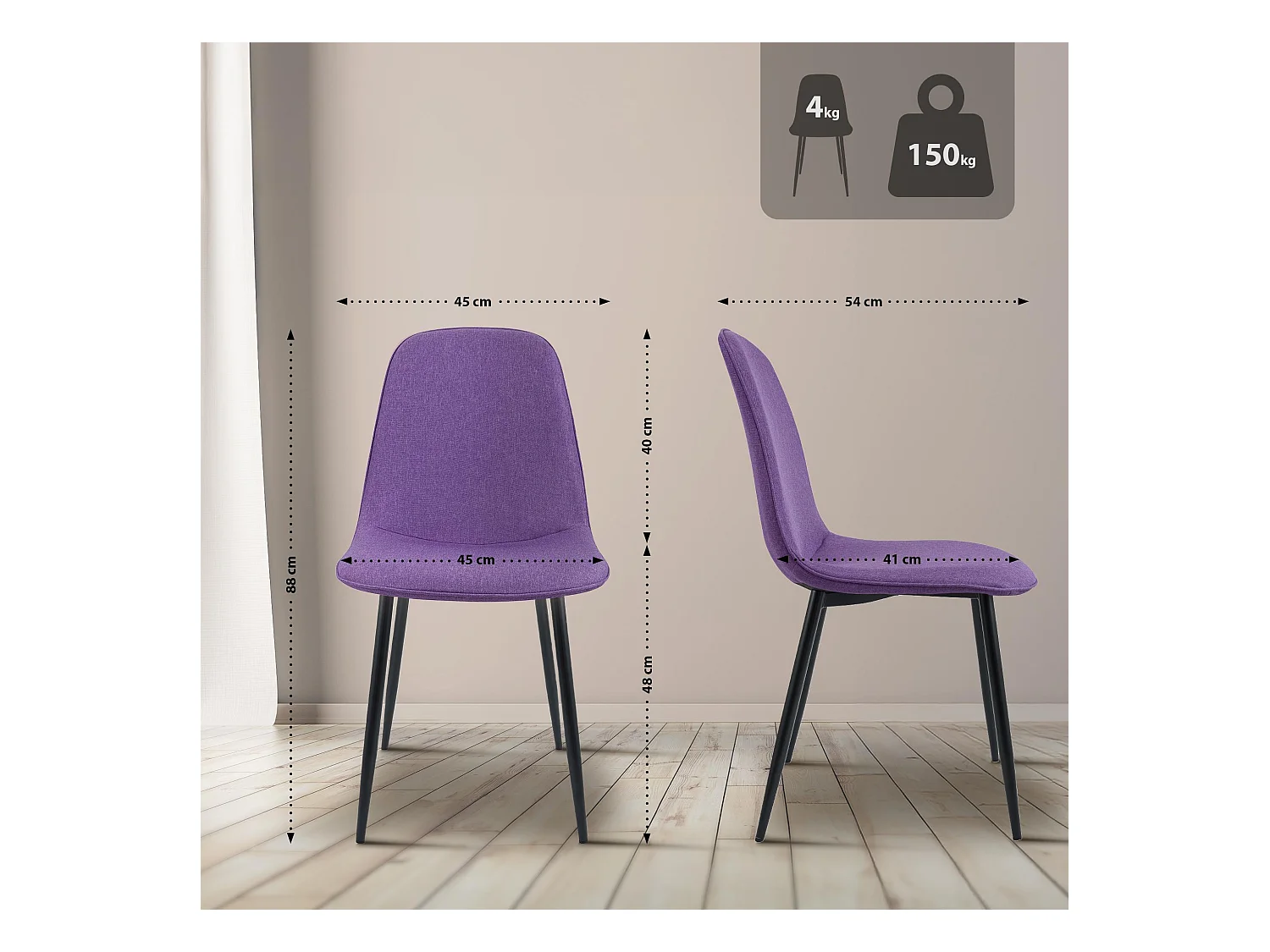 Lot de 4  chaise salle à manger - Tissu - Violet - Maryam
