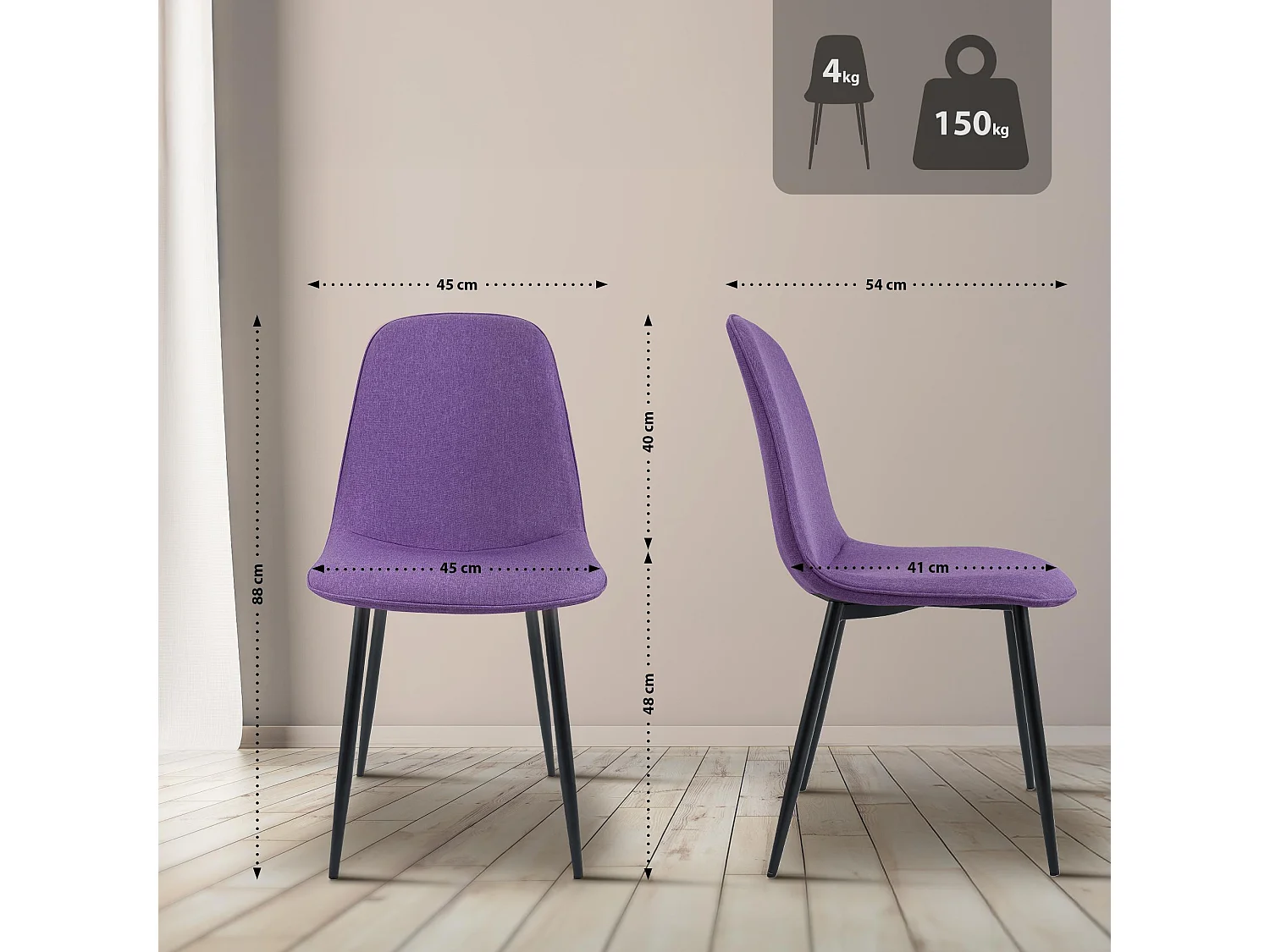 Lot de 4  chaise salle à manger - Tissu - Violet - Maryam