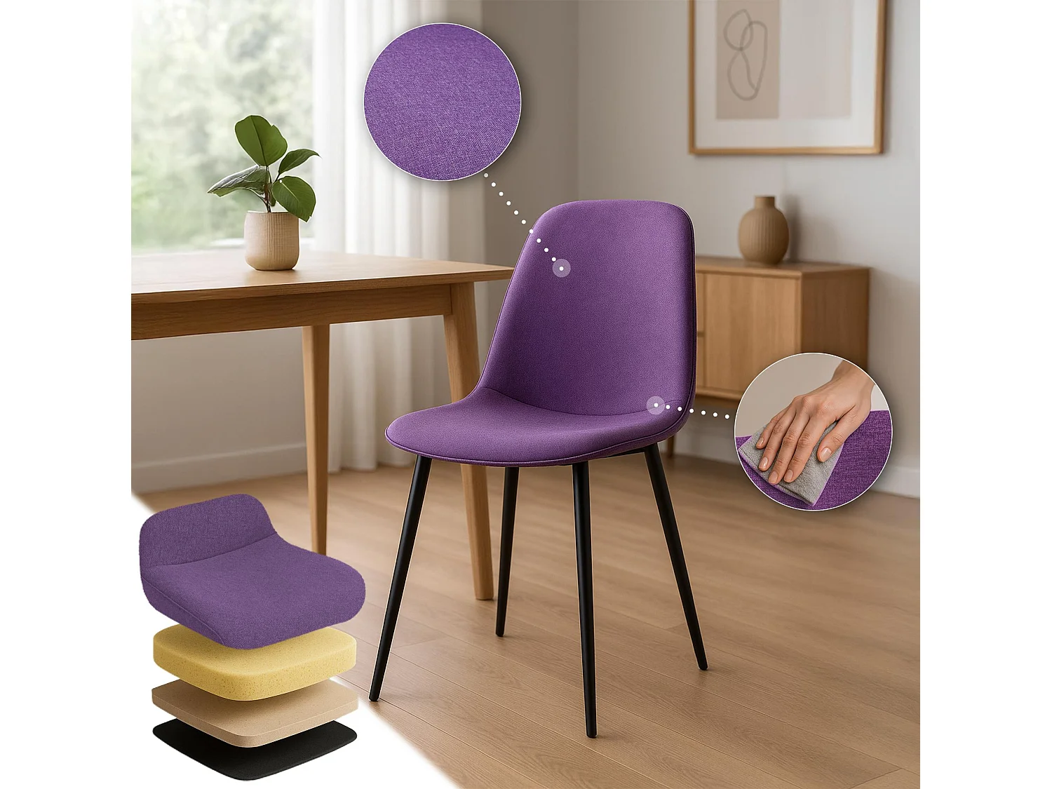 Lot de 4  chaise salle à manger - Tissu - Violet - Maryam