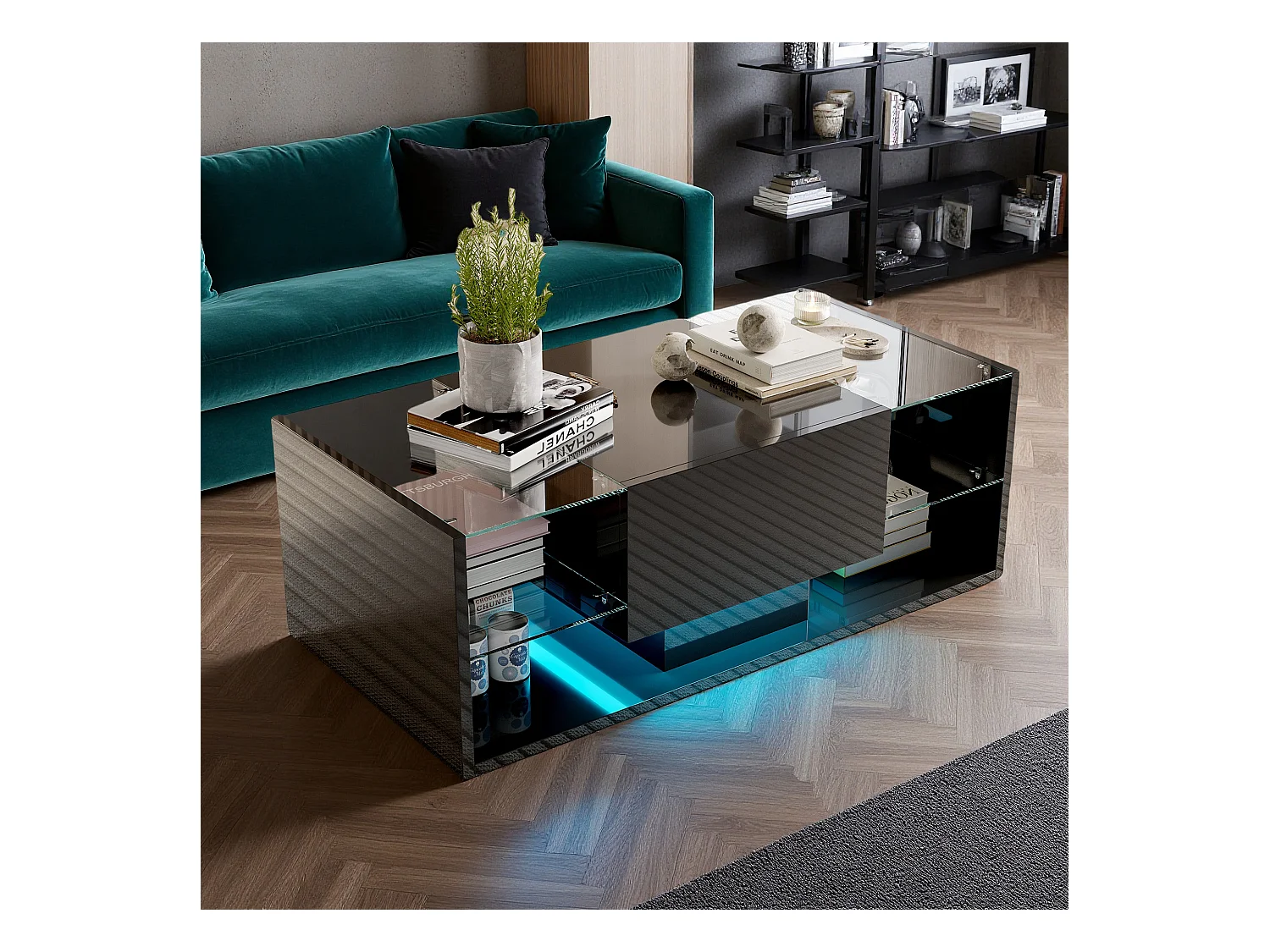 Table basse - NEXU - table de salon - table basse salon - LED - tiroir - étagère en verre trempé - 100x50x35 cm - noir