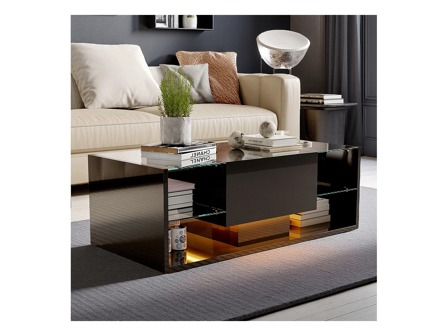 Table basse - NEXU - table de salon - table basse salon - LED - tiroir - étagère en verre trempé - 100x50x35 cm - noir