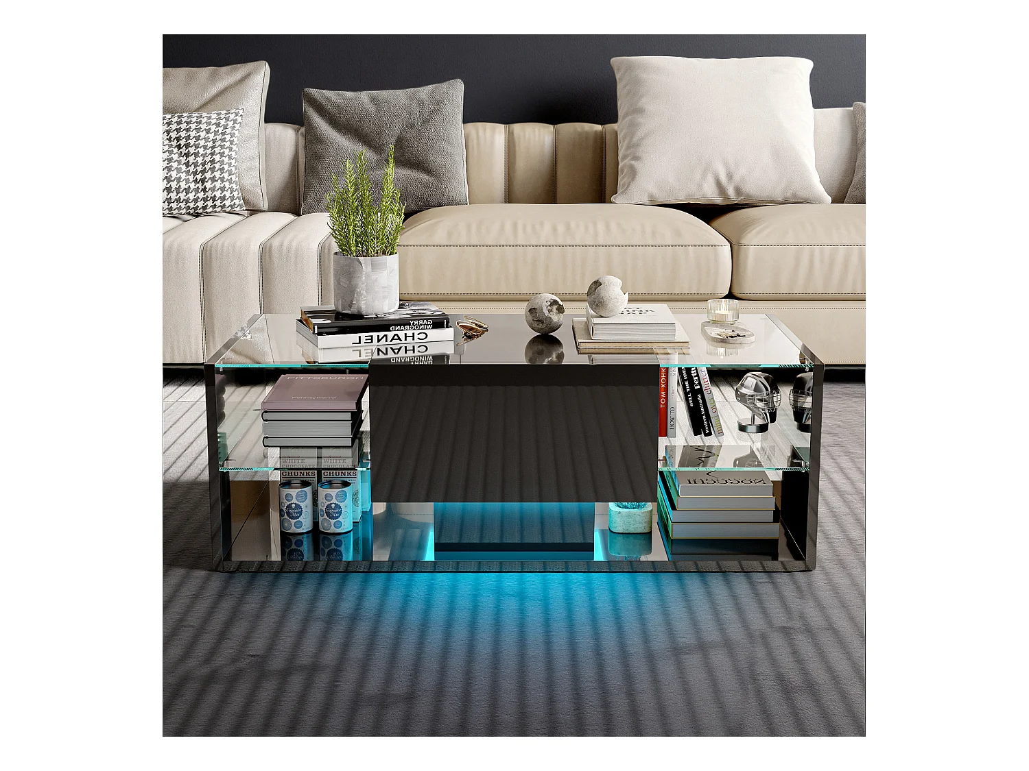 Table basse - NEXU - table de salon - table basse salon - LED - tiroir - étagère en verre trempé - 100x50x35 cm - noir