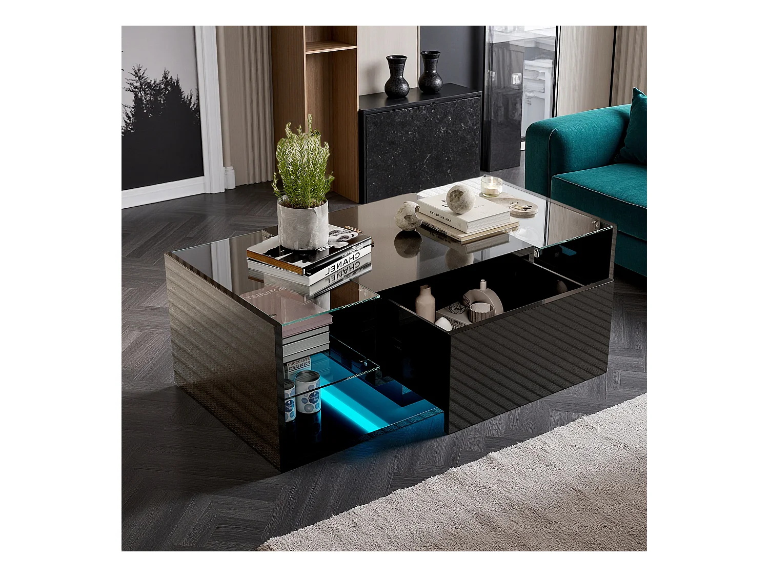 Table basse - NEXU - table de salon - table basse salon - LED - tiroir - étagère en verre trempé - 100x50x35 cm - noir