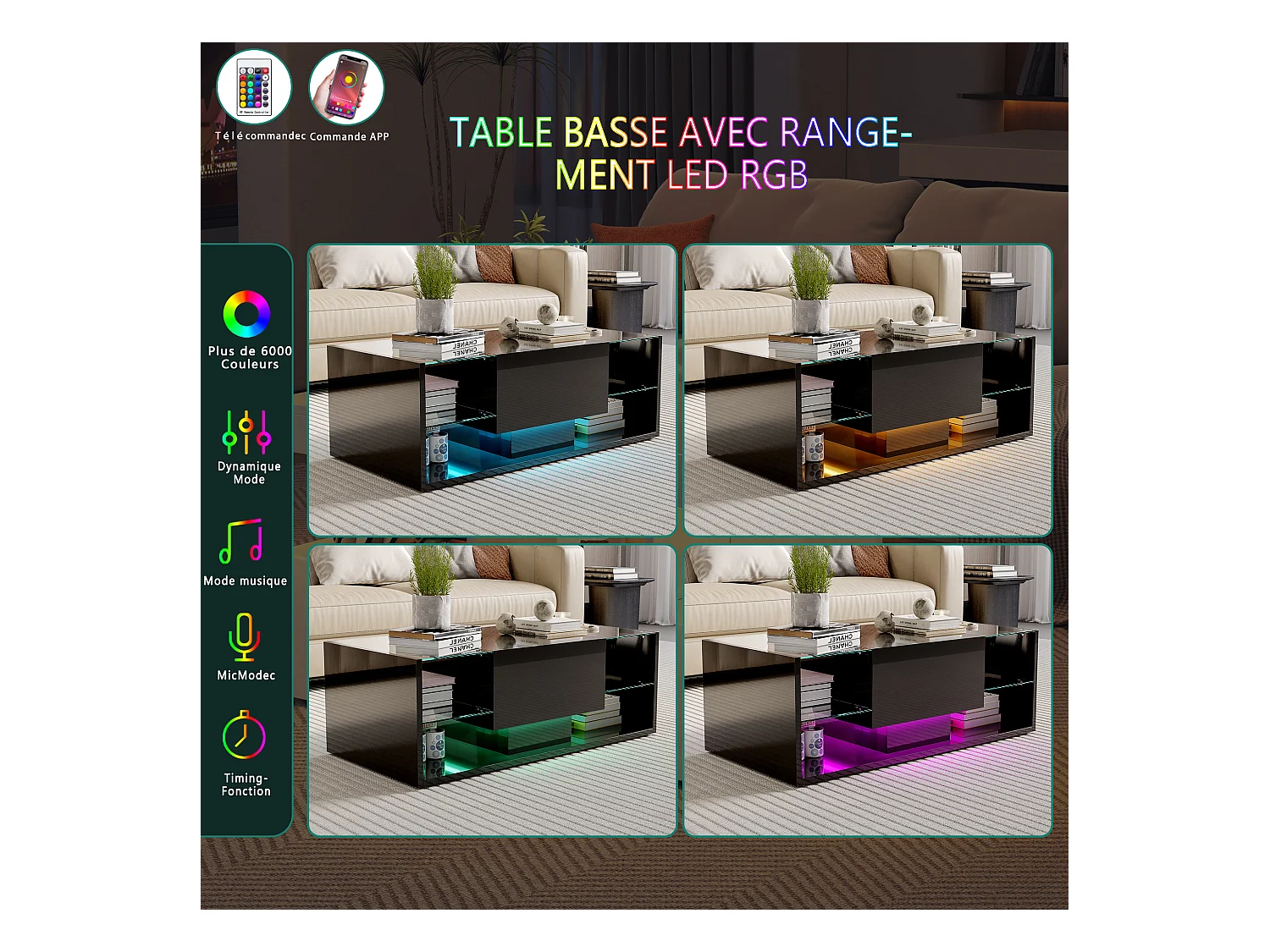 Table basse - NEXU - table de salon - table basse salon - LED - tiroir - étagère en verre trempé - 100x50x35 cm - noir