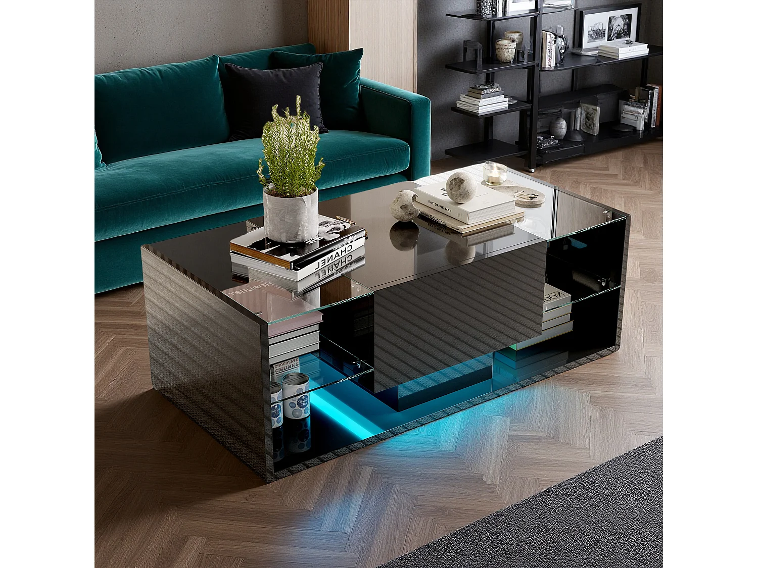 Table basse - NEXU - table de salon - table basse salon - LED - tiroir - étagère en verre trempé - 100x50x35 cm - noir