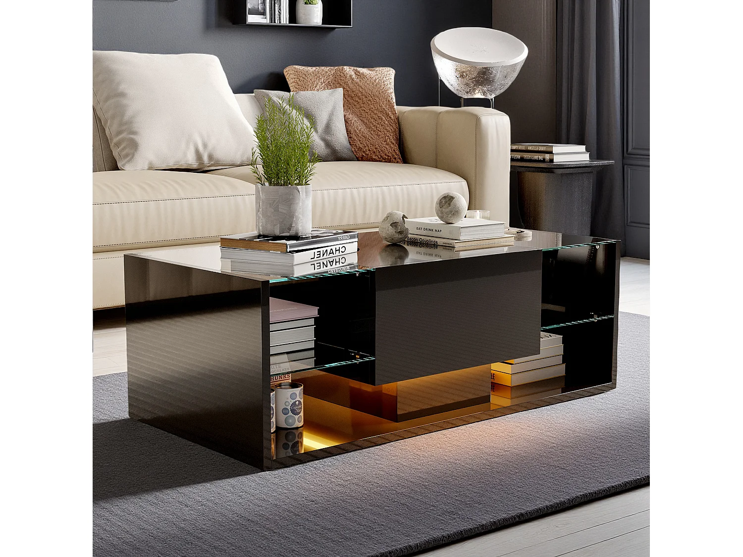 Table basse - NEXU - table de salon - table basse salon - LED - tiroir - étagère en verre trempé - 100x50x35 cm - noir