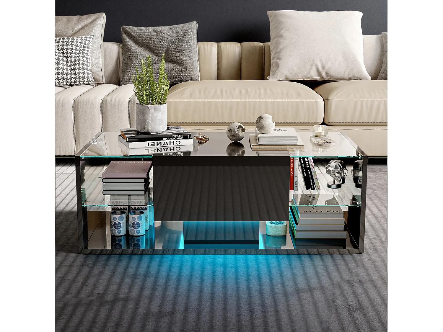 Table basse - NEXU - table de salon - table basse salon - LED - tiroir - étagère en verre trempé - 100x50x35 cm - noir