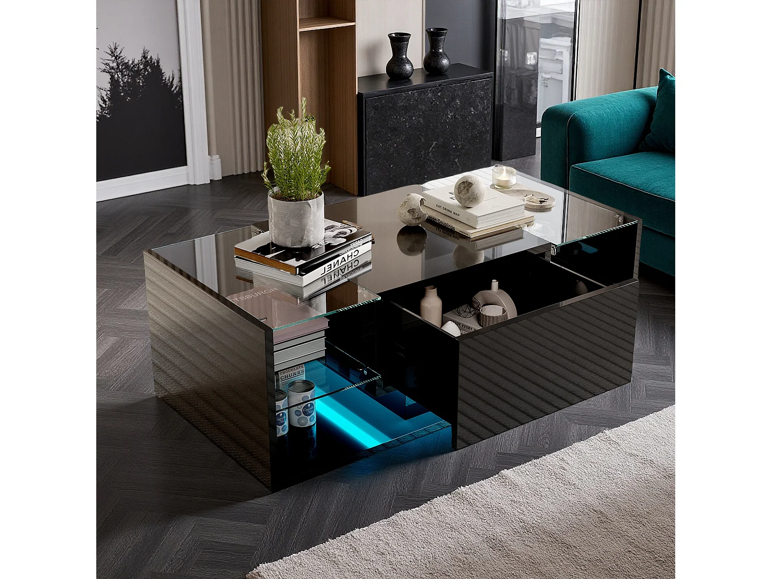 Table basse - NEXU - table de salon - table basse salon - LED - tiroir - étagère en verre trempé - 100x50x35 cm - noir