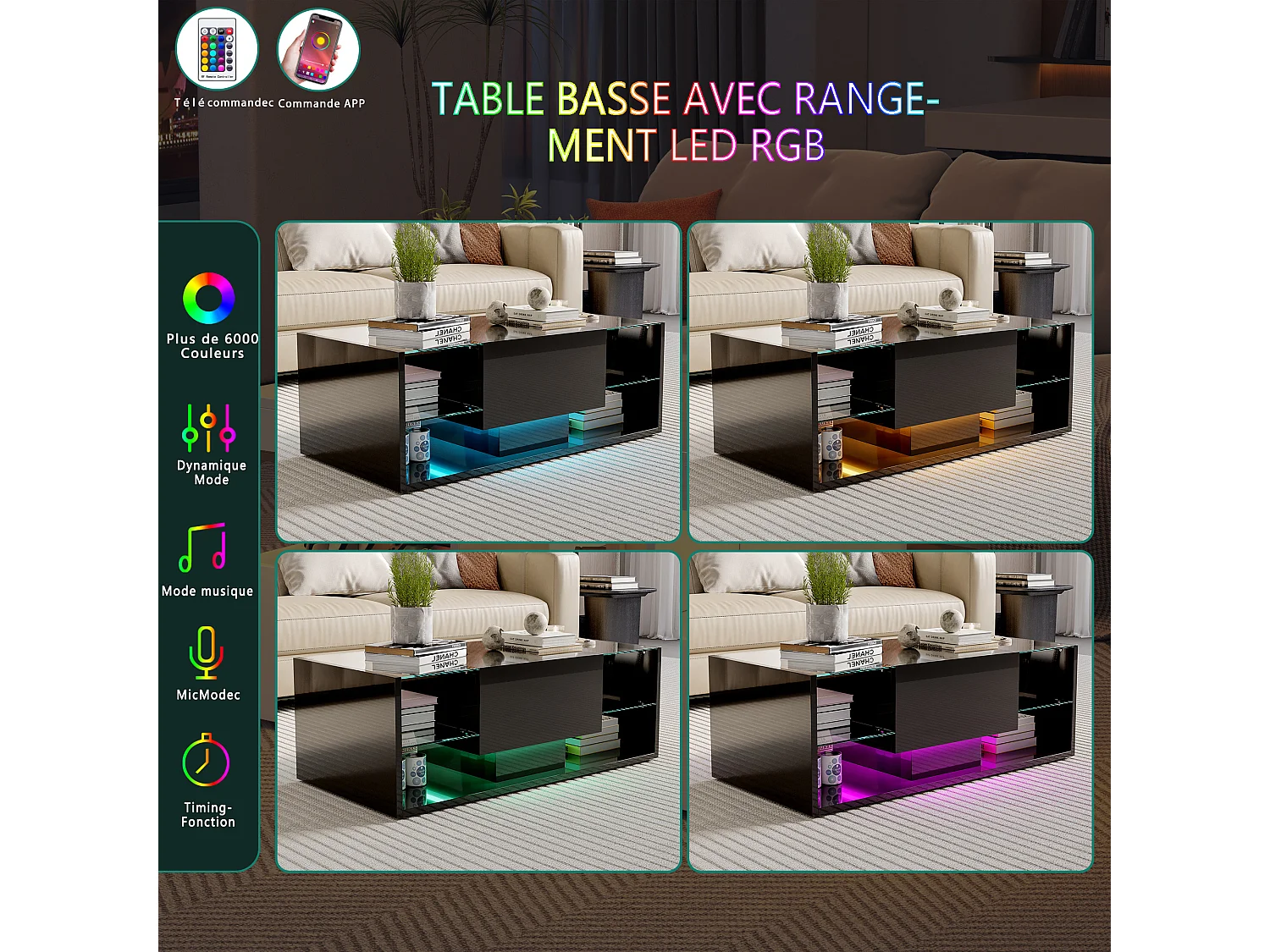 Table basse - NEXU - table de salon - table basse salon - LED - tiroir - étagère en verre trempé - 100x50x35 cm - noir