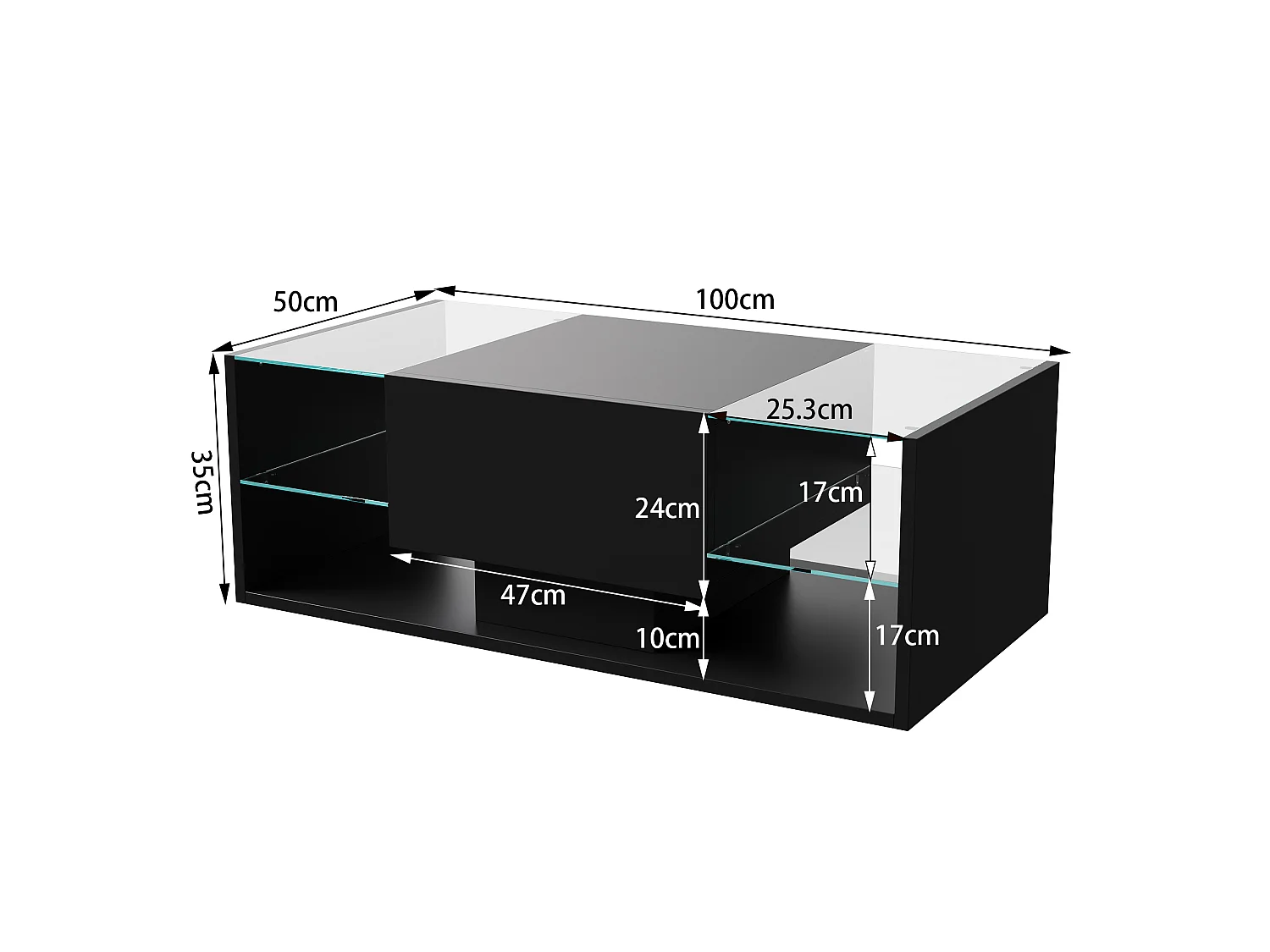 Table basse - NEXU - table de salon - table basse salon - LED - tiroir - étagère en verre trempé - 100x50x35 cm - noir