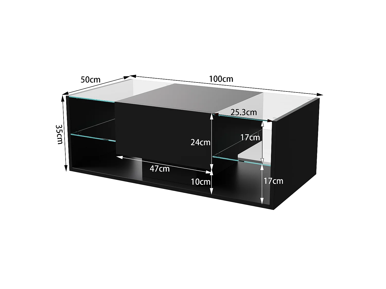 Table basse - NEXU - table de salon - table basse salon - LED - tiroir - étagère en verre trempé - 100x50x35 cm - noir