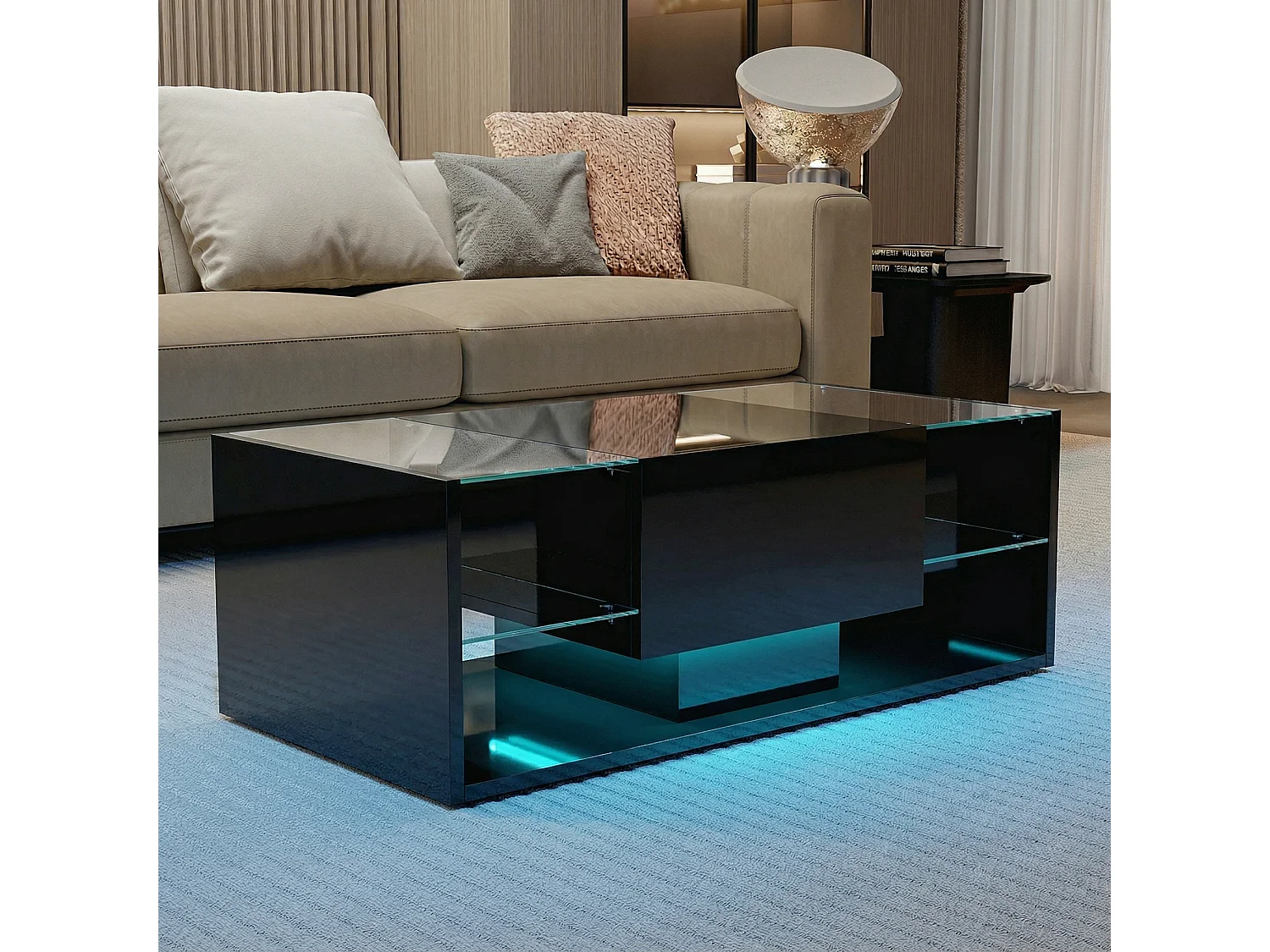 Table basse - NEXU - table de salon - table basse salon - LED - tiroir - étagère en verre trempé - 100x50x35 cm - noir