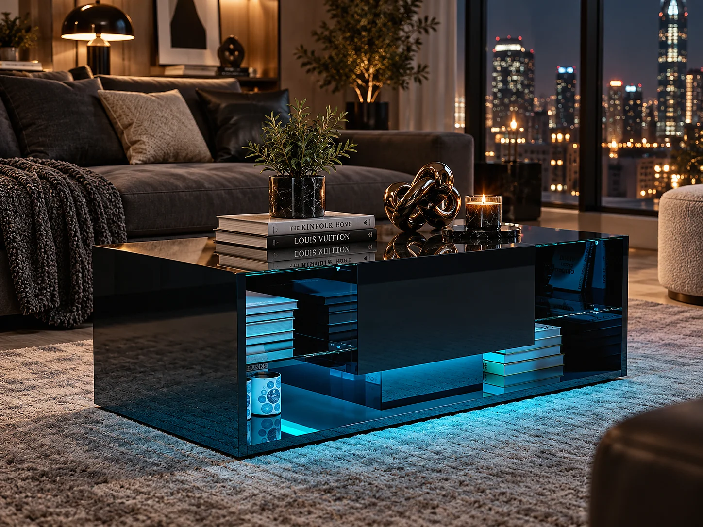 Table basse - NEXU - table de salon - table basse salon - LED - tiroir - étagère en verre trempé - 100x50x35 cm - noir