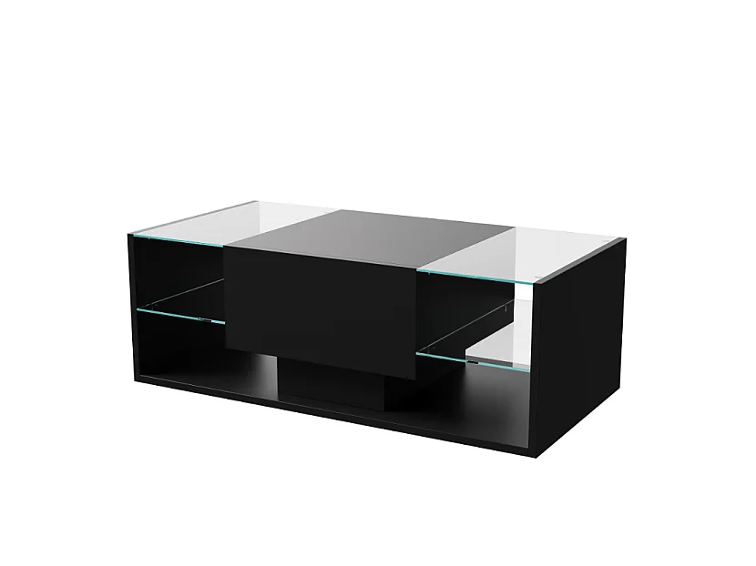 Table basse - NEXU - table de salon - table basse salon - LED - tiroir - étagère en verre trempé - 100x50x35 cm - noir