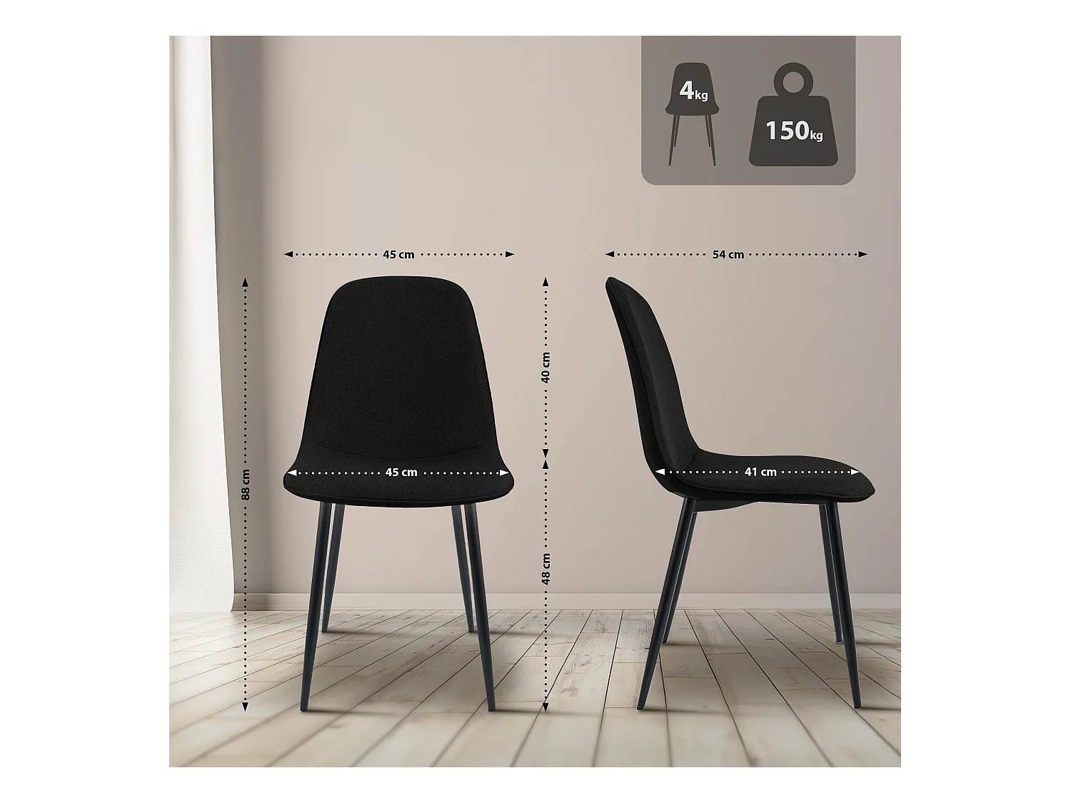 Lot de 4  chaise salle à manger - Tissu - Noir - Maryam