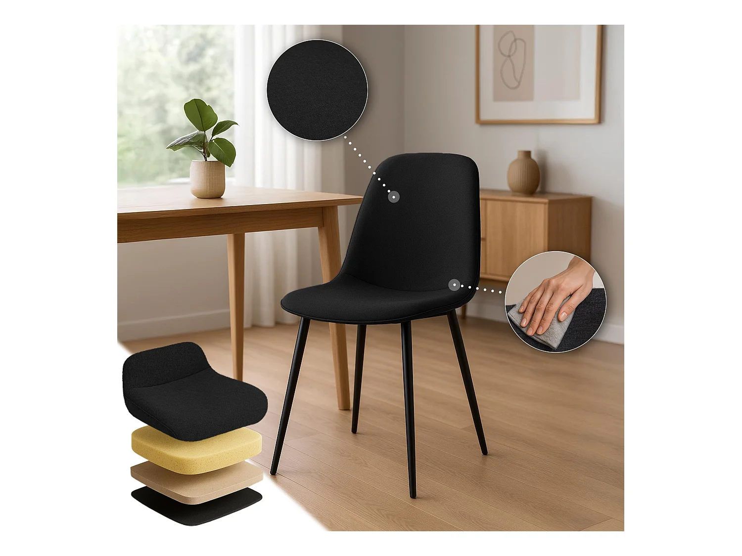 Lot de 4  chaise salle à manger - Tissu - Noir - Maryam