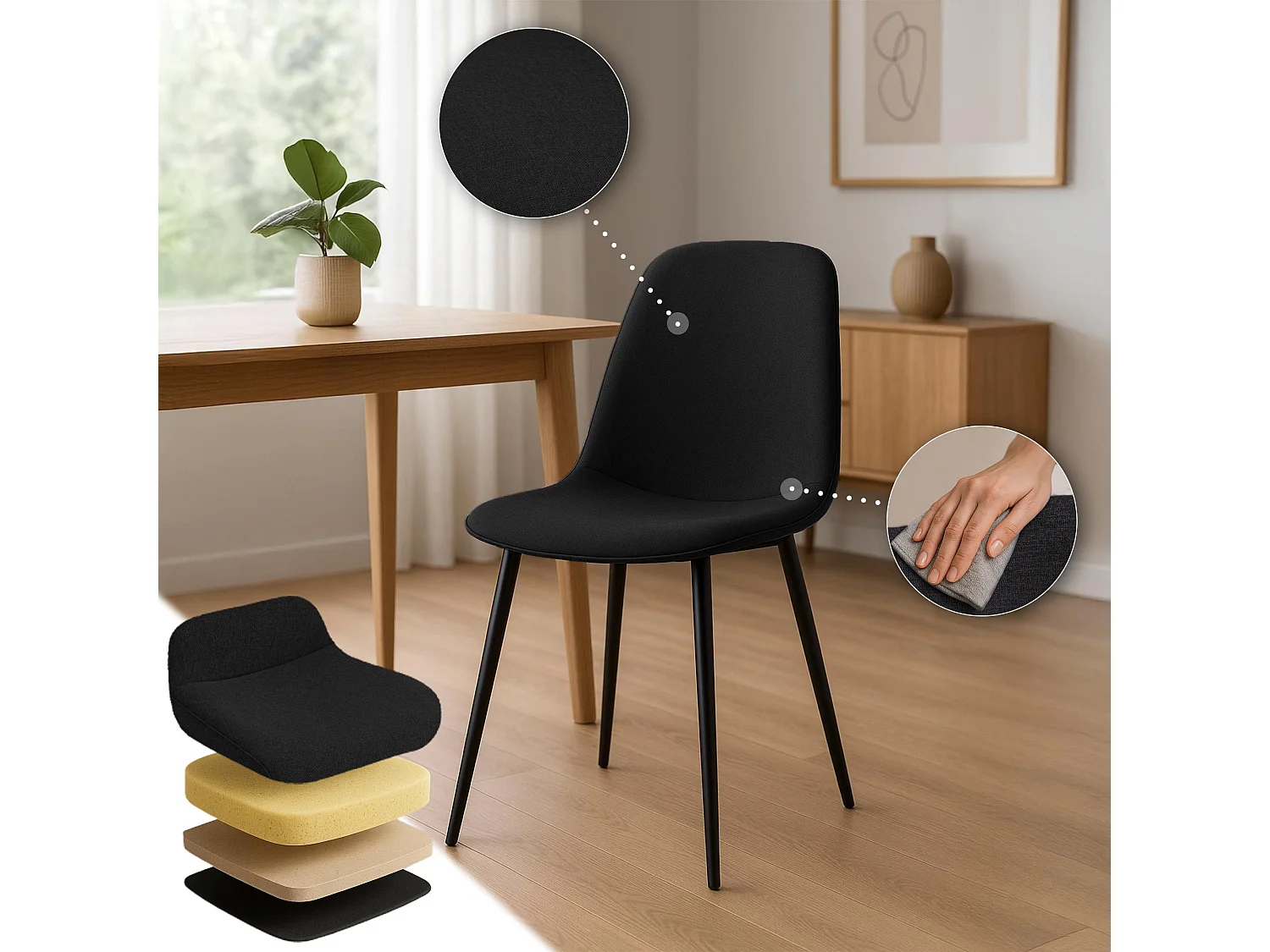 Lot de 4  chaise salle à manger - Tissu - Noir - Maryam