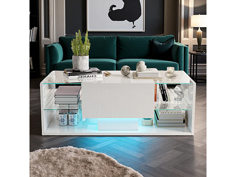 Table basse - NEXU - table de salon - table basse salon - LED - tiroir - étagère en verre trempé - 100x50x35 cm - blanc