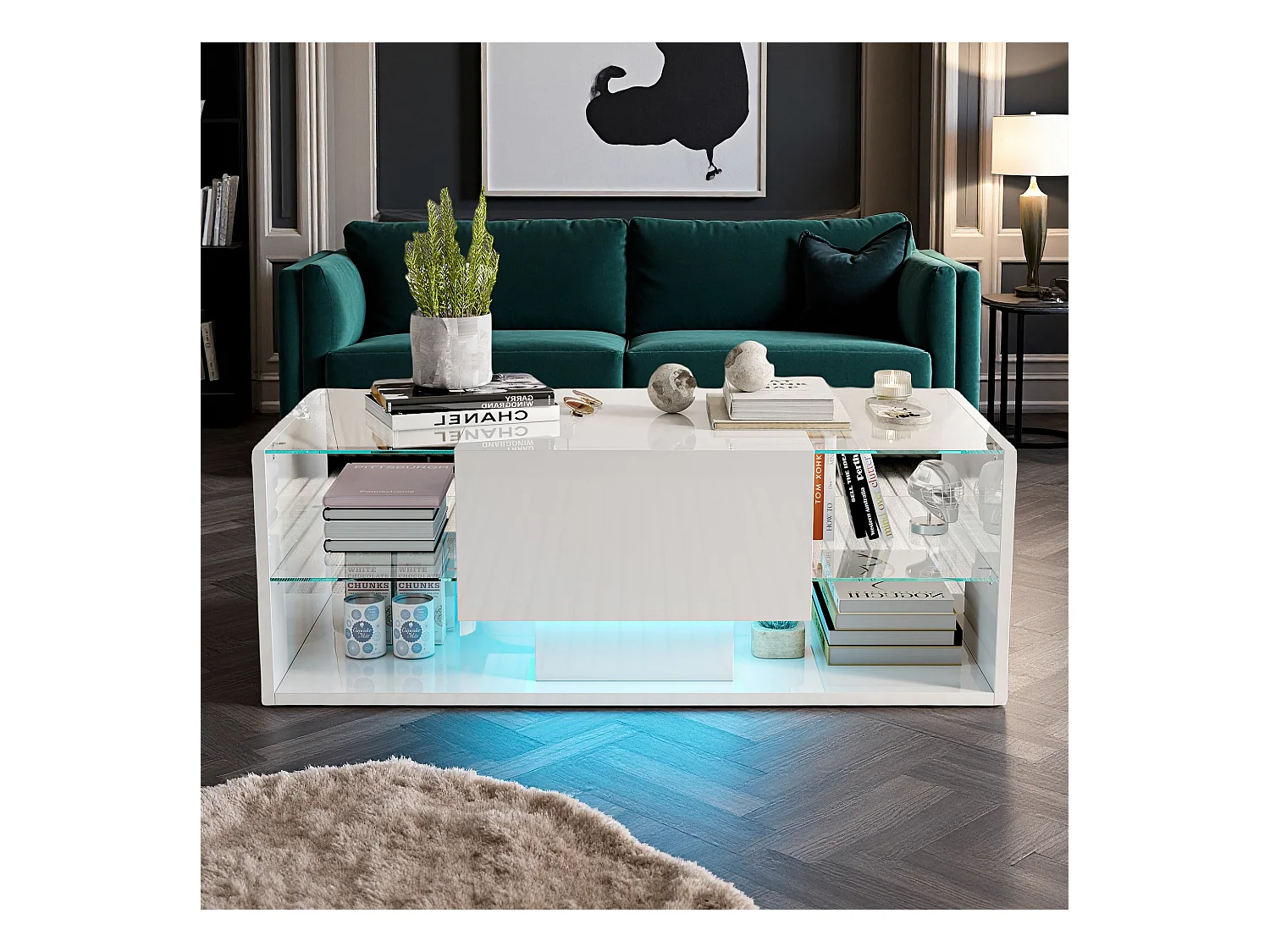 Table basse - NEXU - table de salon - table basse salon - LED - tiroir - étagère en verre trempé - 100x50x35 cm - blanc