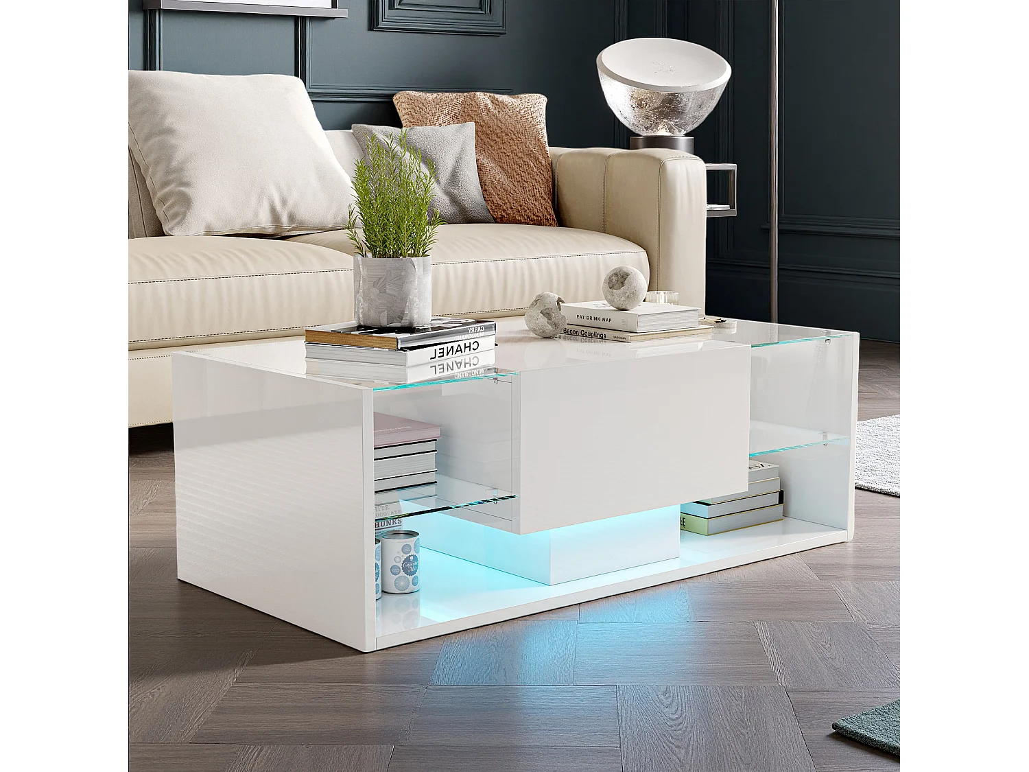 Table basse - NEXU - table de salon - table basse salon - LED - tiroir - étagère en verre trempé - 100x50x35 cm - blanc