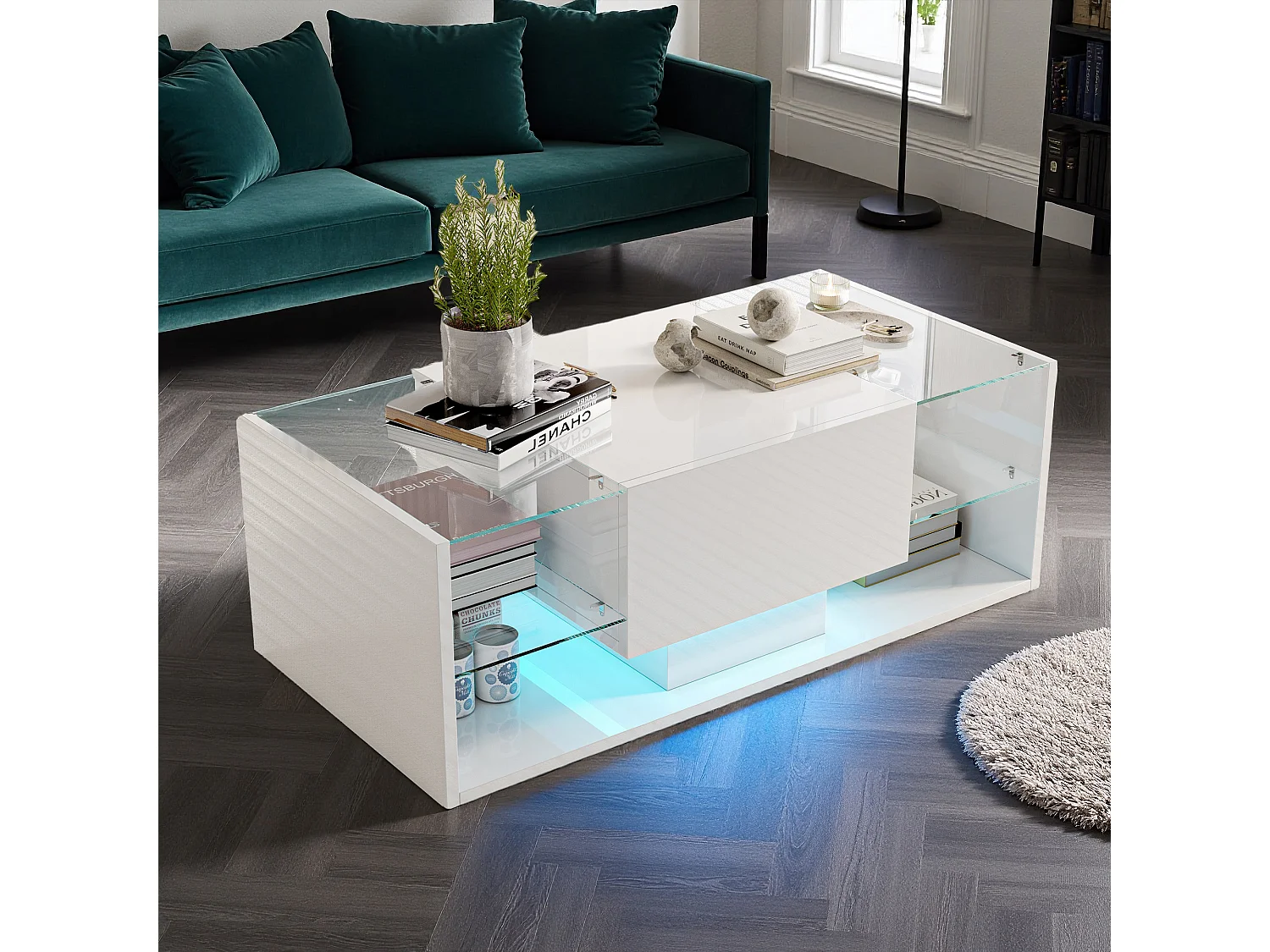 Table basse - NEXU - table de salon - table basse salon - LED - tiroir - étagère en verre trempé - 100x50x35 cm - blanc