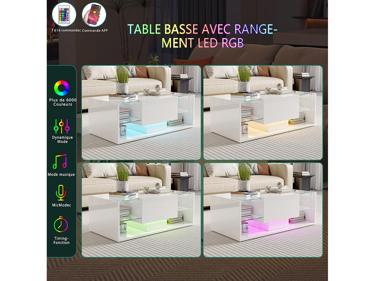 Table basse - NEXU - table de salon - table basse salon - LED - tiroir - étagère en verre trempé - 100x50x35 cm - blanc