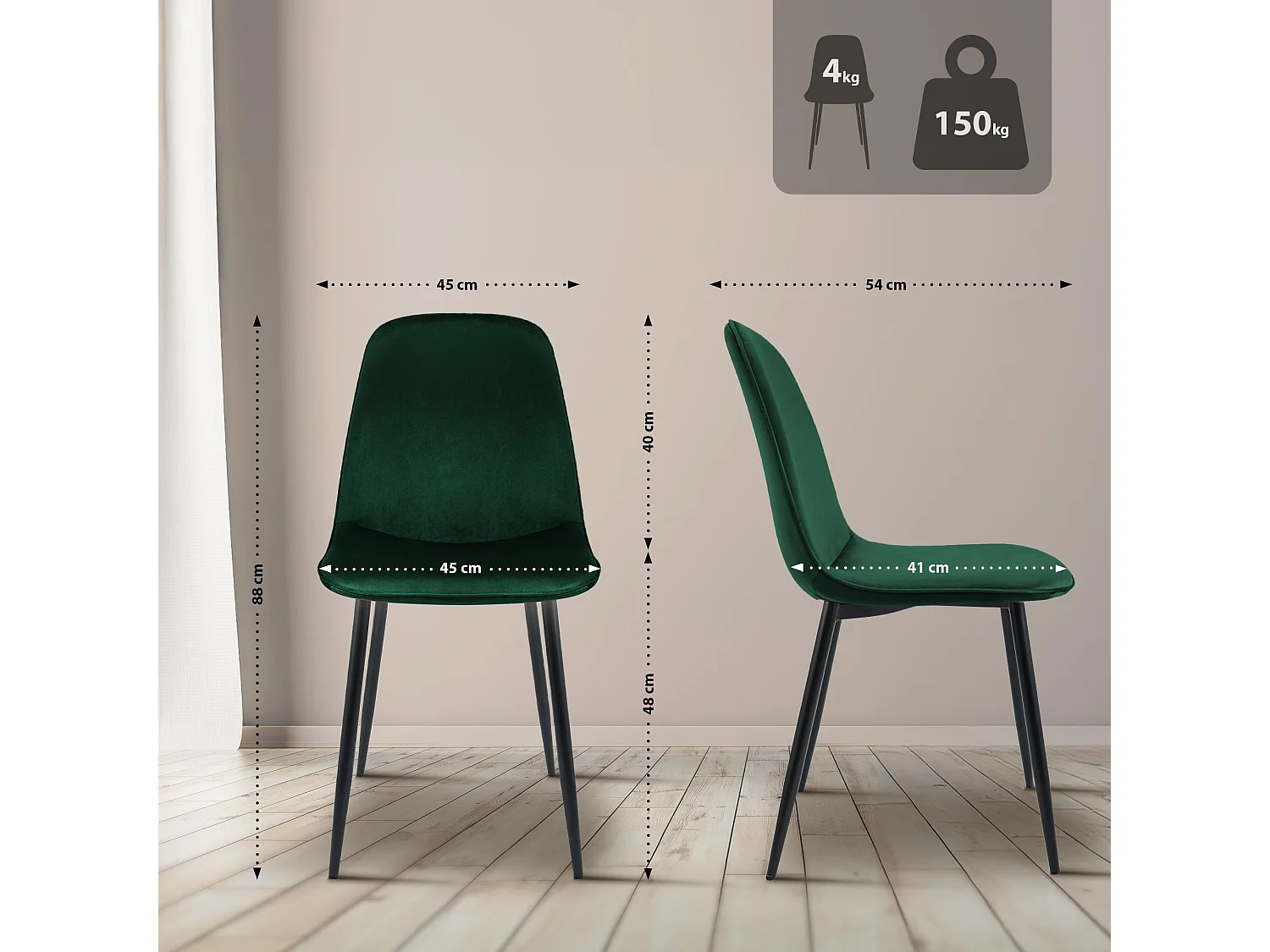 Lot de 4  chaise salle à manger - Velours - Vert - Maryam