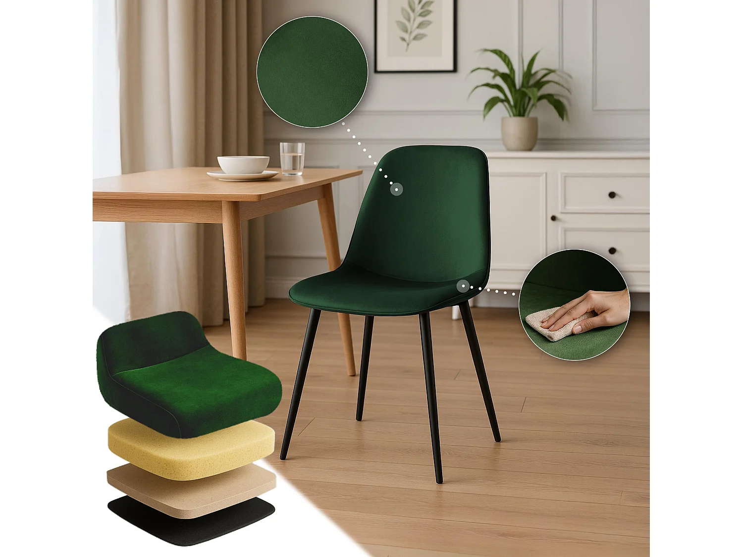 Lot de 4  chaise salle à manger - Velours - Vert - Maryam