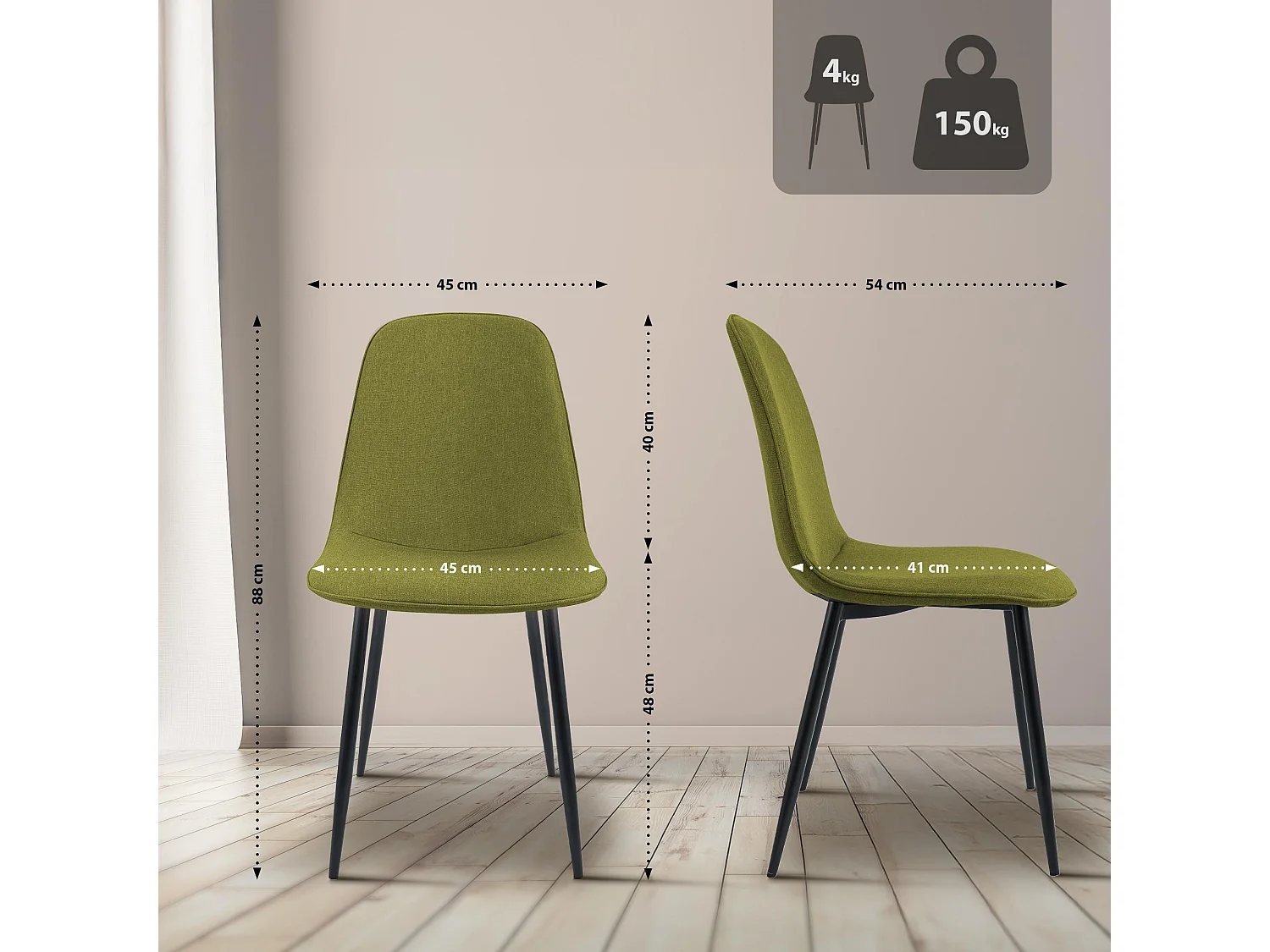 Lot de 4  chaise salle à manger - Tissu - Vert - Maryam