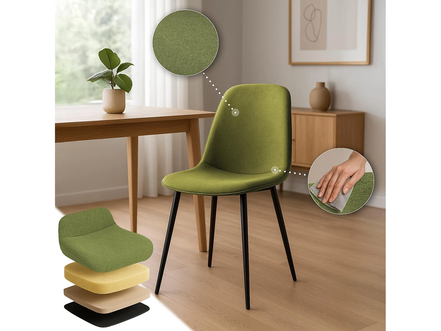 Lot de 4  chaise salle à manger - Tissu - Vert - Maryam
