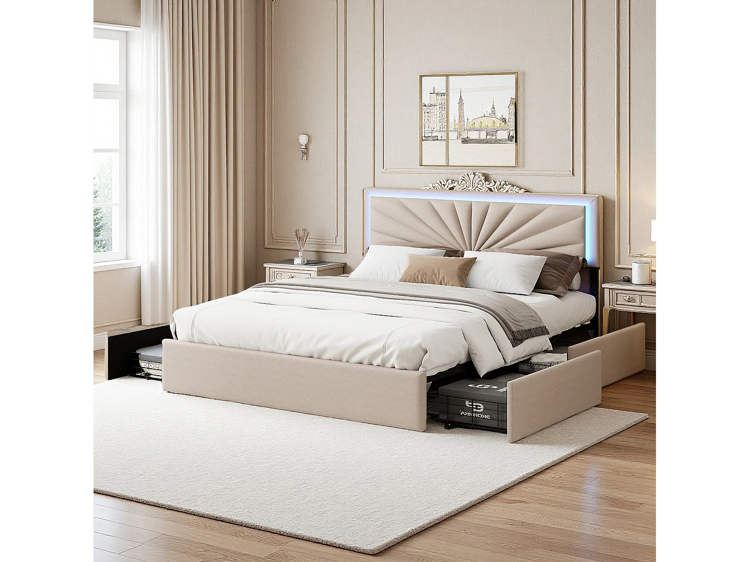 Lit adulte 140x200 cm - lit 140x200 cm avec LED et 4 tiroirs - lit double 140x200 cm avec sommier à lattes - tissu en lin - beige