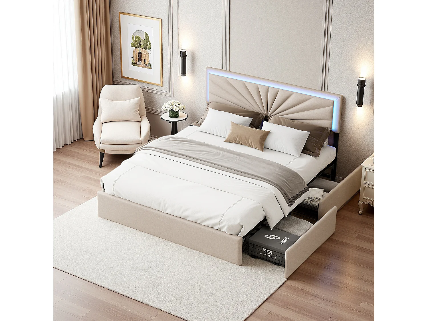 Lit adulte 140x200 cm - lit 140x200 cm avec LED et 4 tiroirs - lit double 140x200 cm avec sommier à lattes - tissu en lin - beige