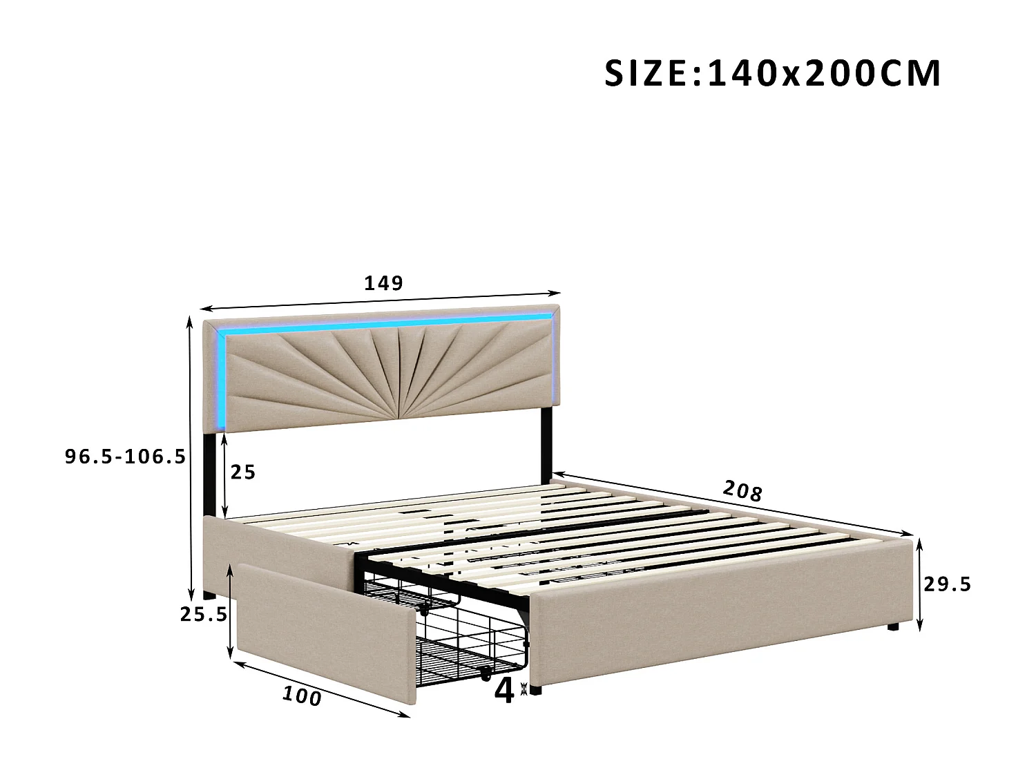 Lit adulte 140x200 cm - lit 140x200 cm avec LED et 4 tiroirs - lit double 140x200 cm avec sommier à lattes - tissu en lin - beige