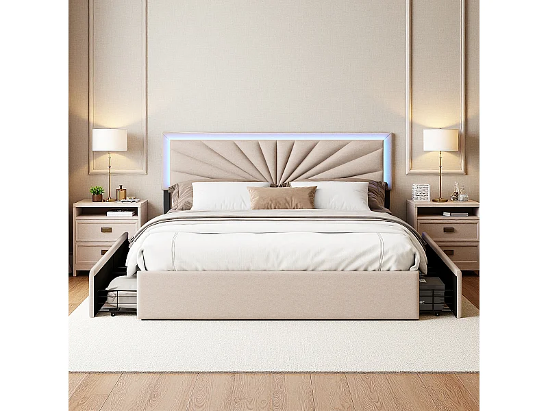 Lit 140x200 cm avec LED et 4 tiroirs - lit adulte 140x200 cm avec sommier à lattes - tissu en lin - beige
