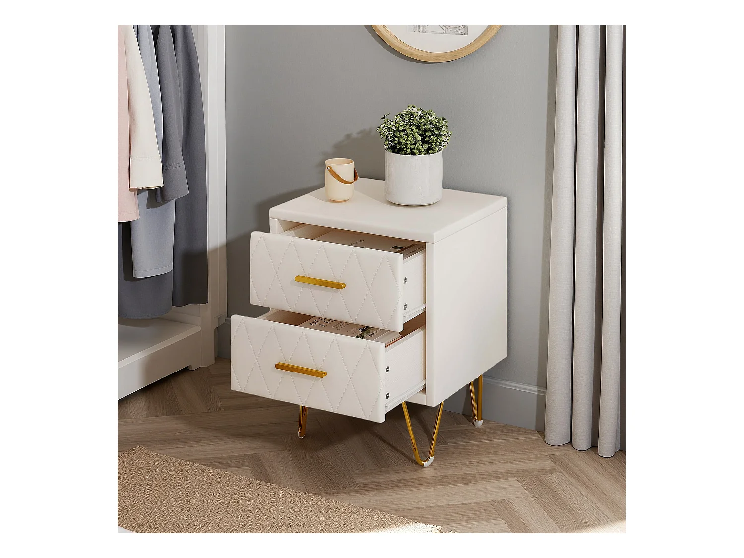 Table de Chevet - NEXU - Lot de 2 - 41x35x51 cm - Meuble de Nuit avec 2 tiroirs - Meuble de Chambre - tissu en PU - Style moderne - blanc