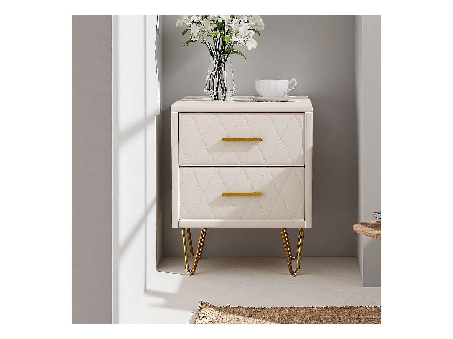 Table de Chevet - NEXU - Lot de 2 - 41x35x51 cm - Meuble de Nuit avec 2 tiroirs - Meuble de Chambre - tissu en PU - Style moderne - blanc